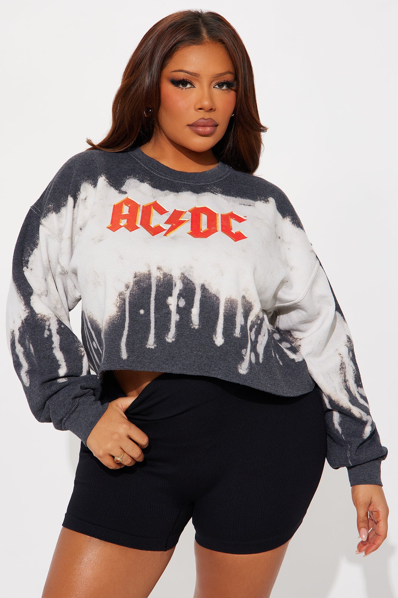 ACDC Bleach Cropped Crew Sweatshirt - Black
