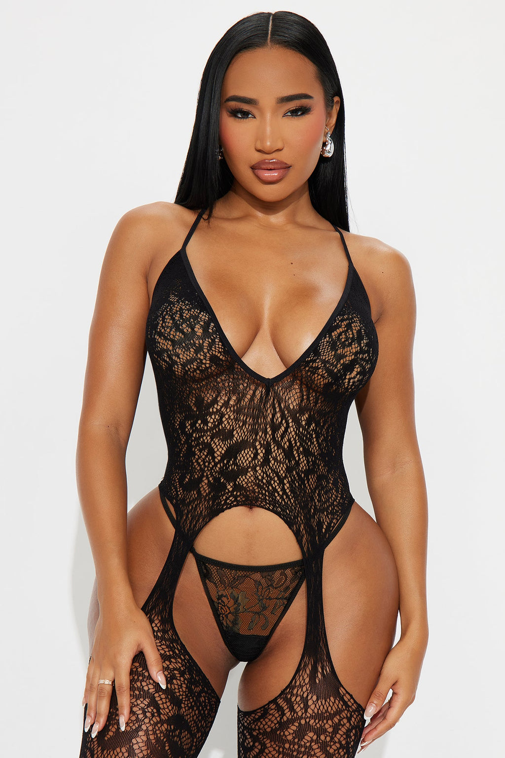 One Night Lace Seduction Bodystocking - Black