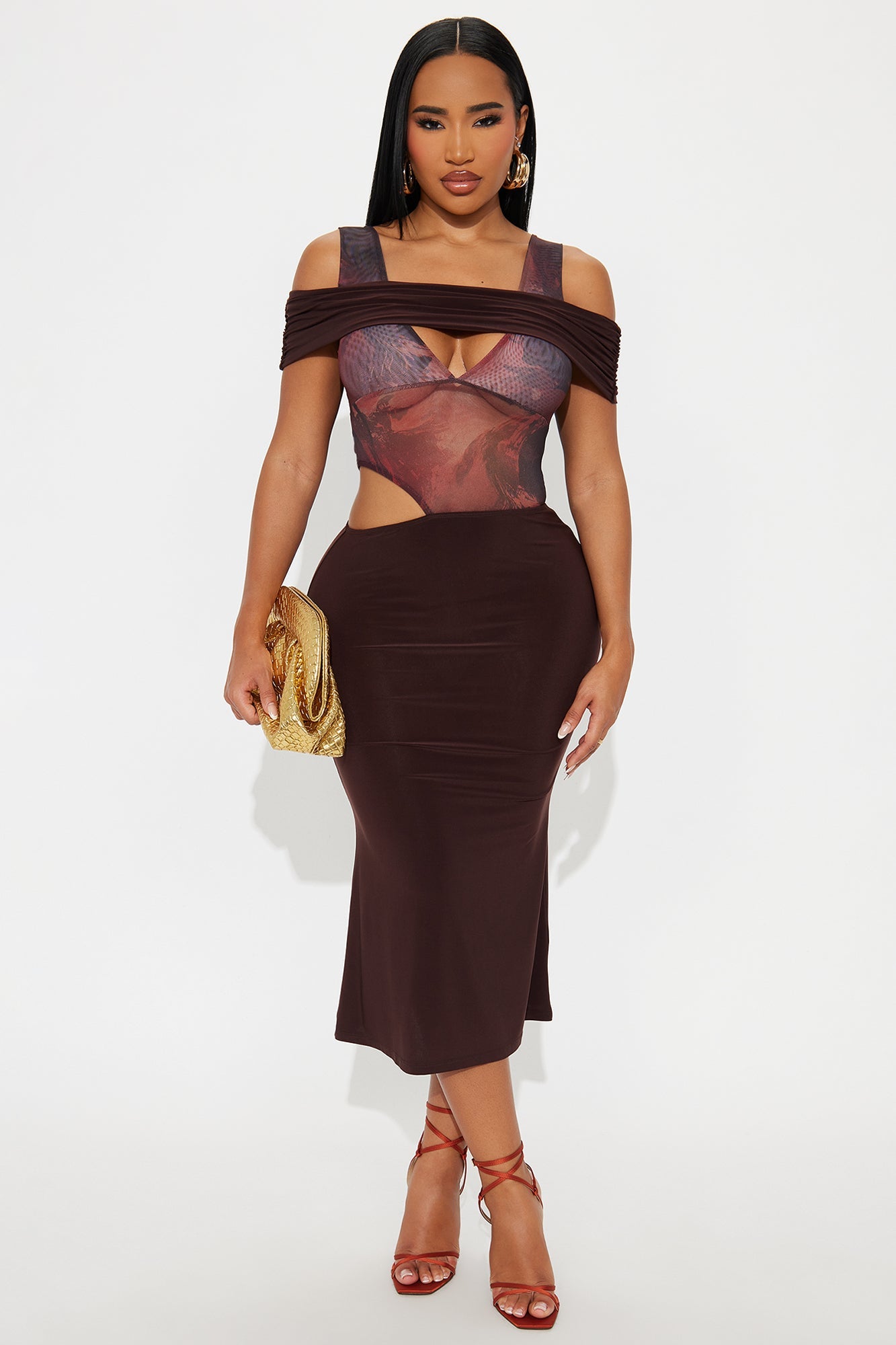 Kiara Off Shoulder Midi Dress - Brown/combo