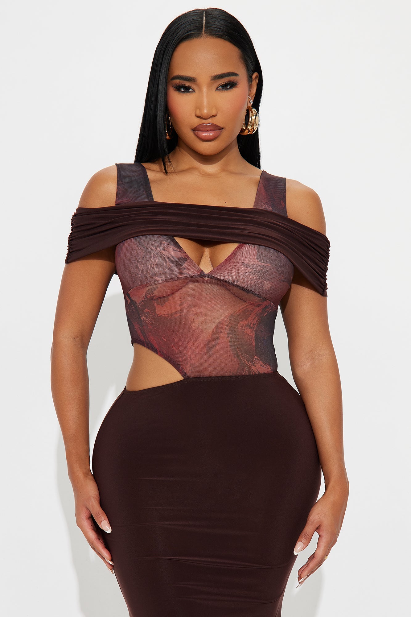 Kiara Off Shoulder Midi Dress - Brown/combo