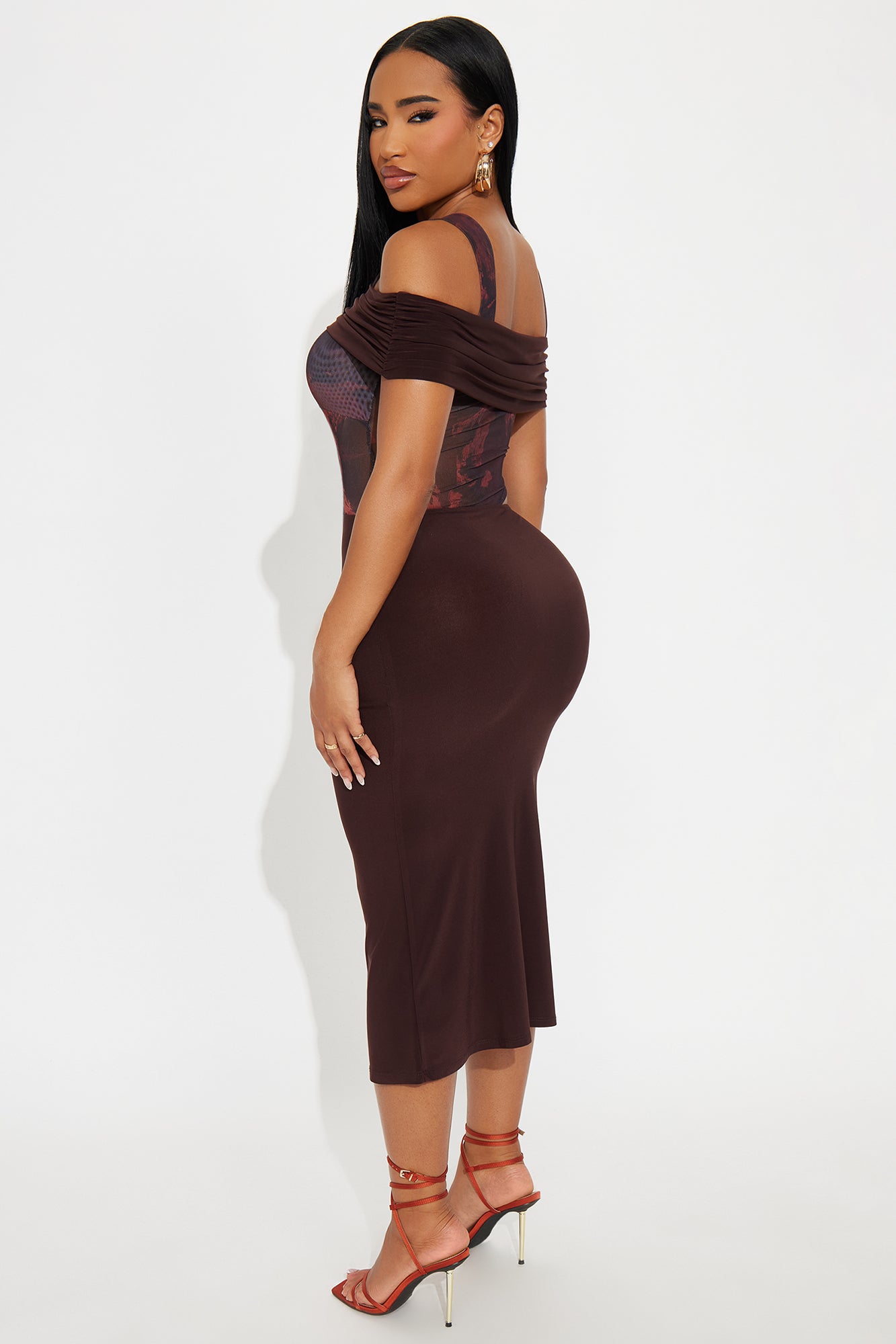 Kiara Off Shoulder Midi Dress - Brown/combo