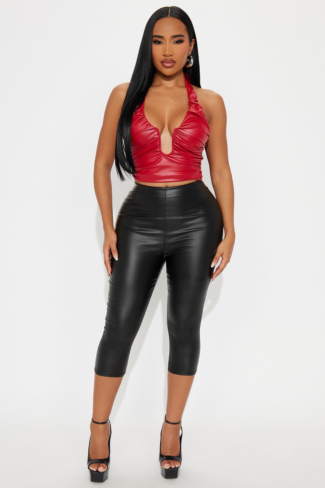 After Dark Ruched Faux Leather Halter Top - Red