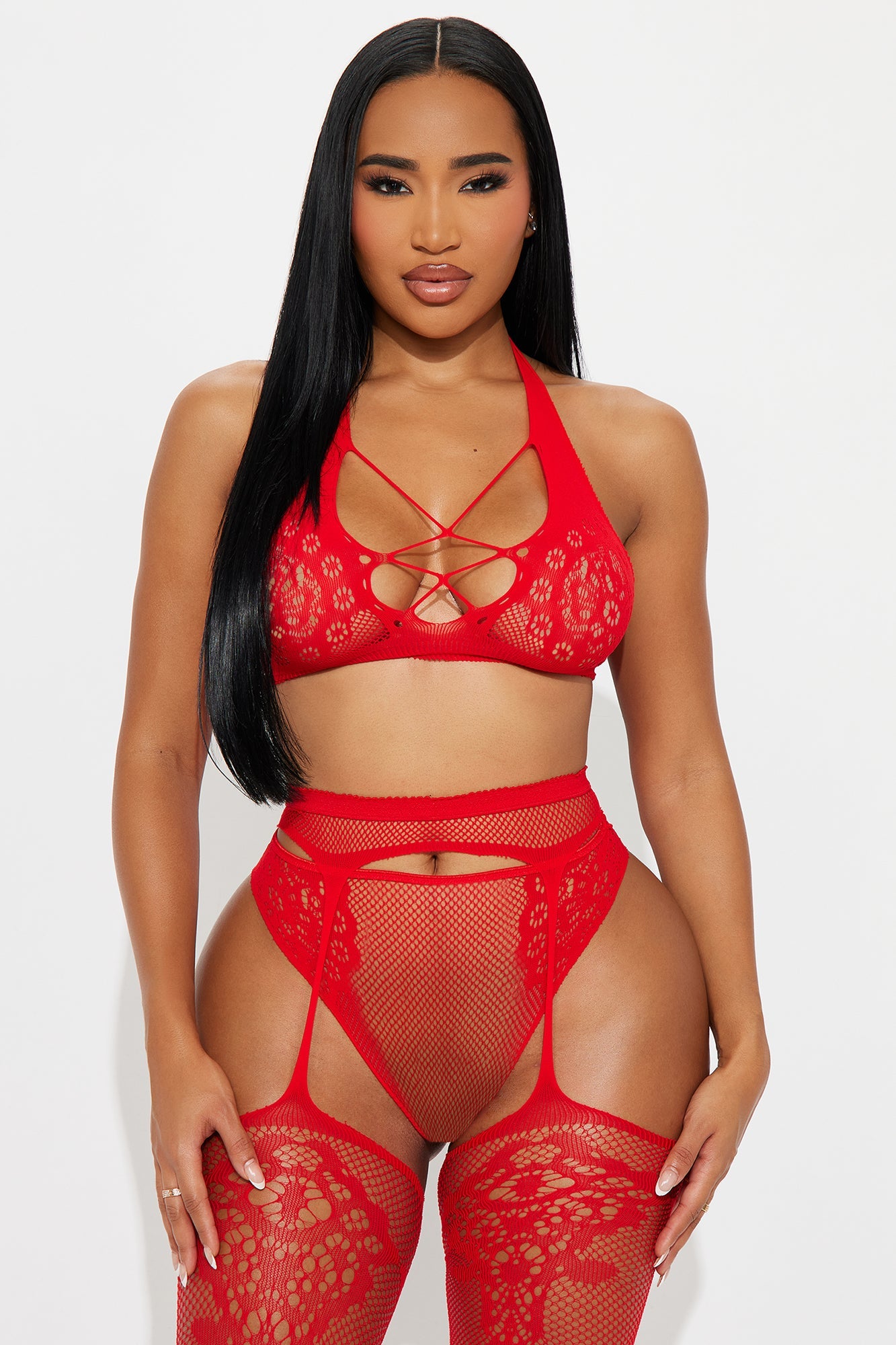 All Night Long Fishnet Lace Garter Bodystocking Set - Red