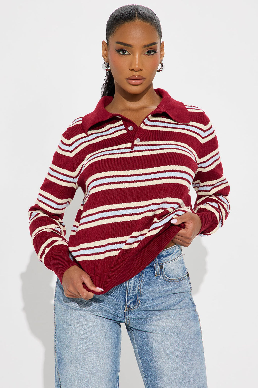 Alexandra Striped Polo Sweater - Red/combo