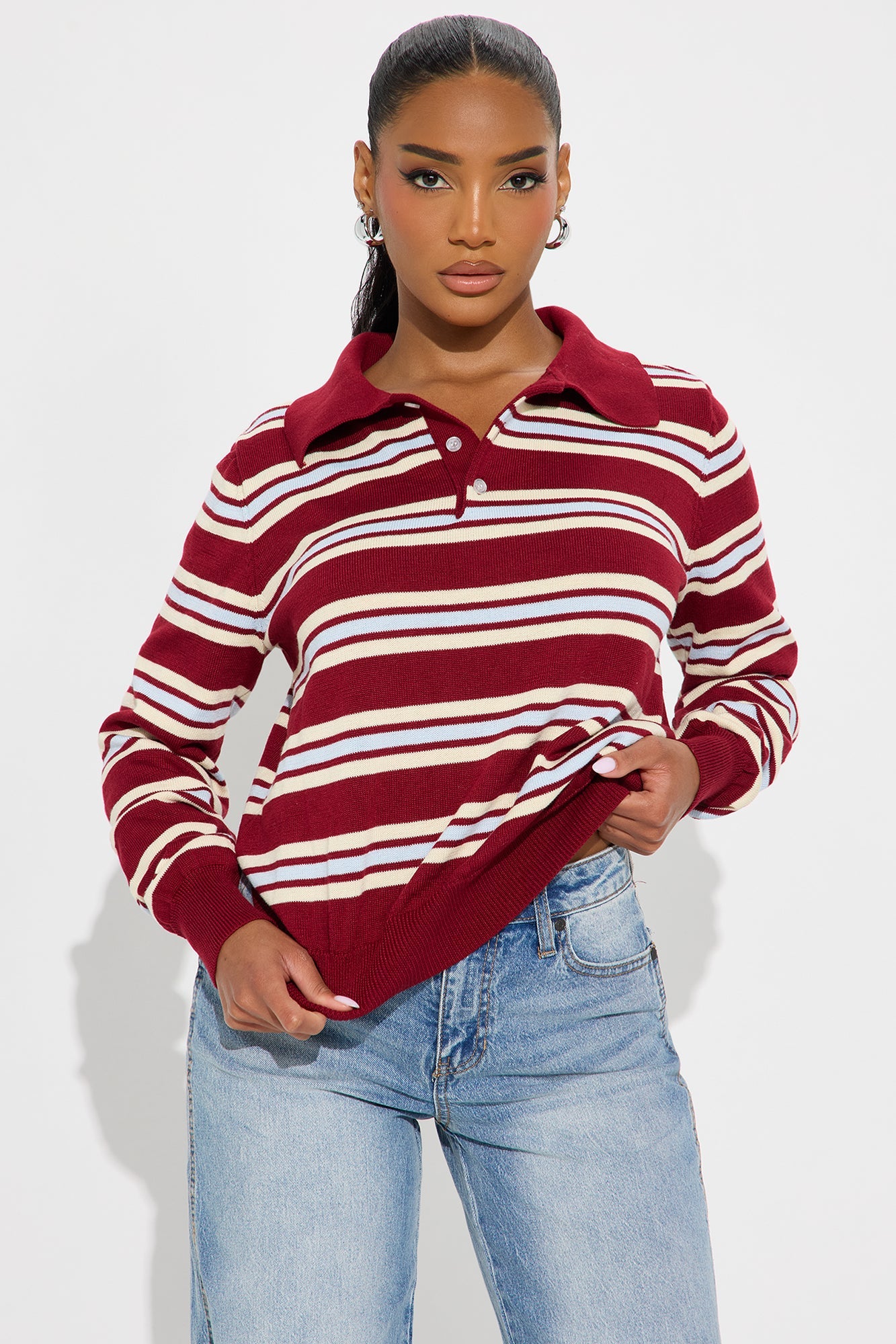 Alexandra Striped Polo Sweater - Red/combo