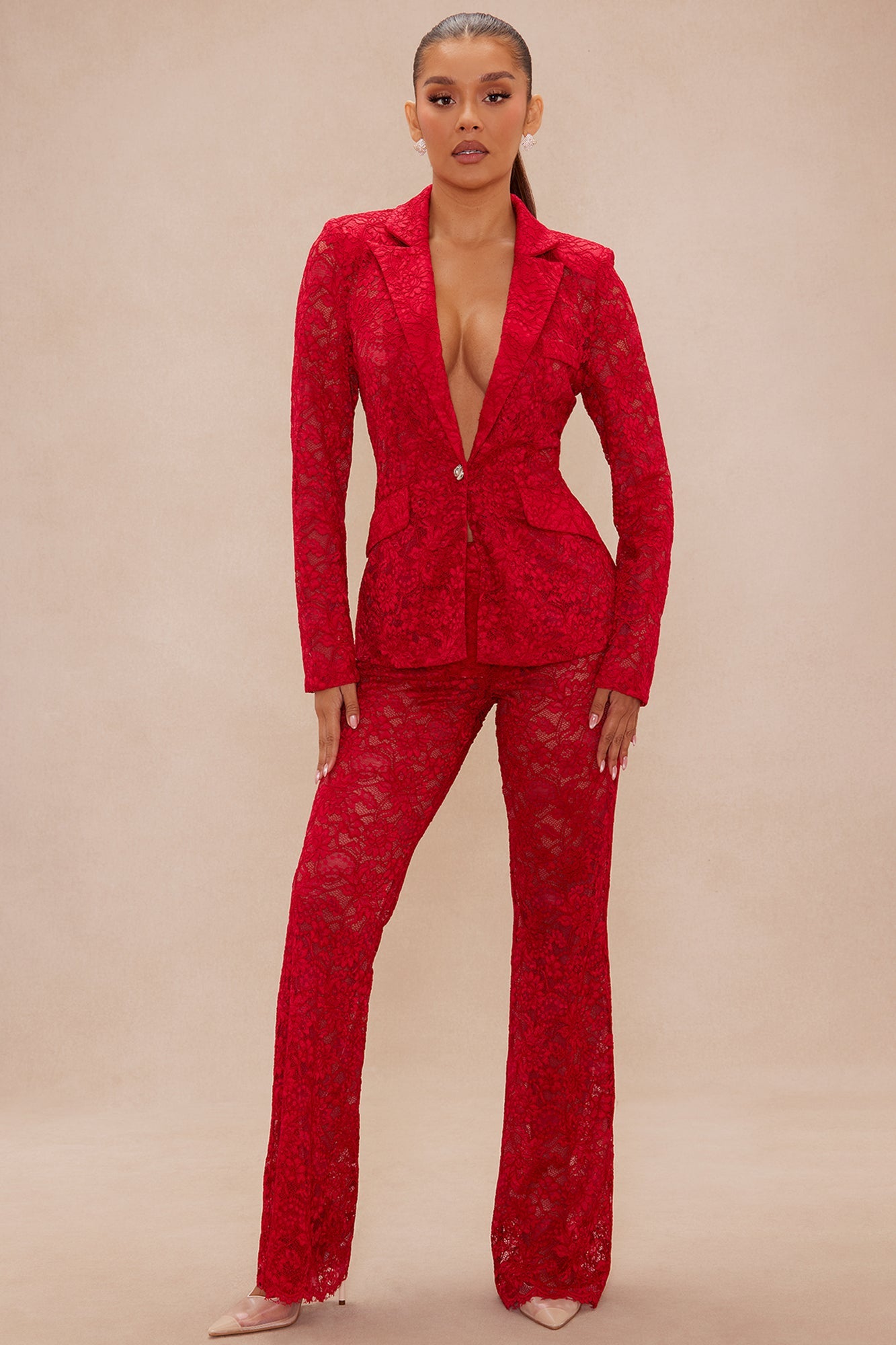 Chania Lace Blazer Suit Set - Red