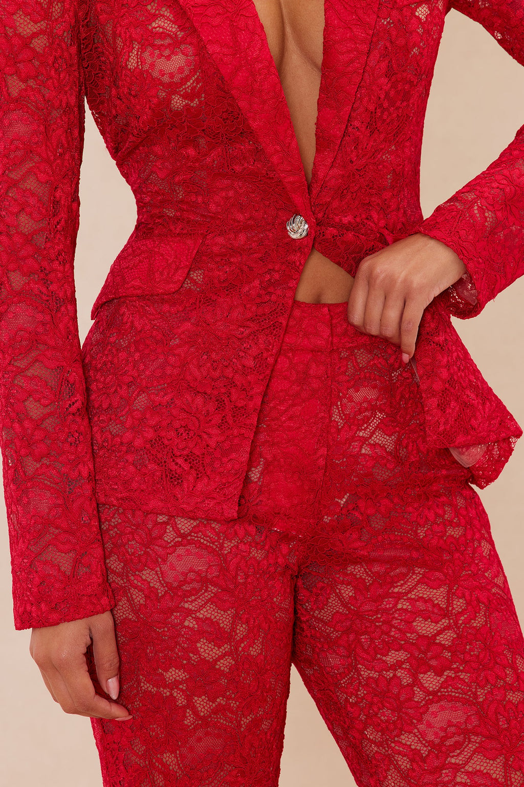Chania Lace Blazer Suit Set - Red