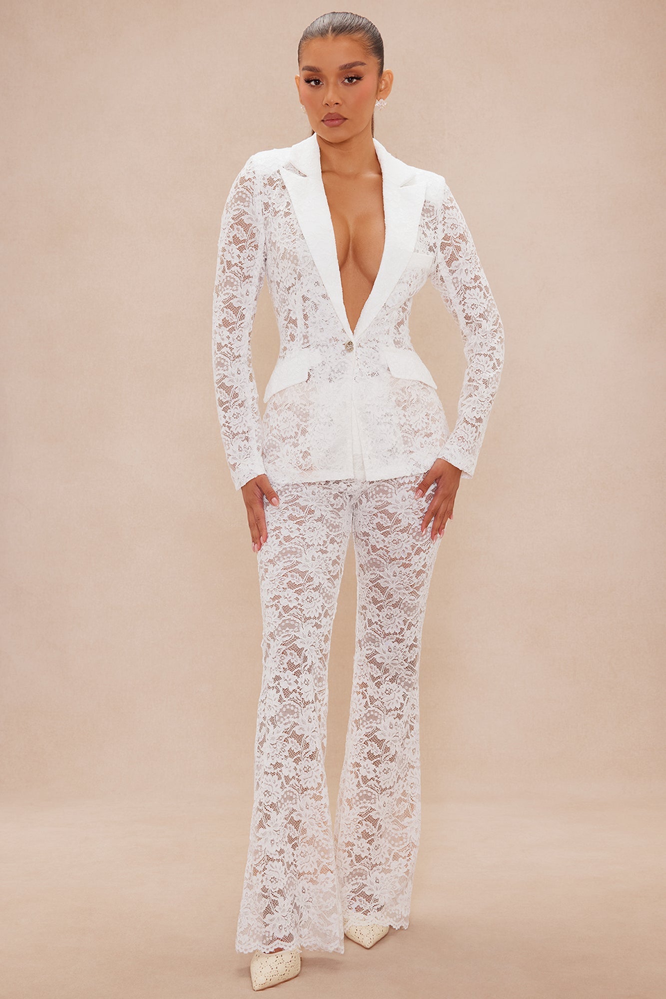 Chania Lace Blazer Suit Set - White