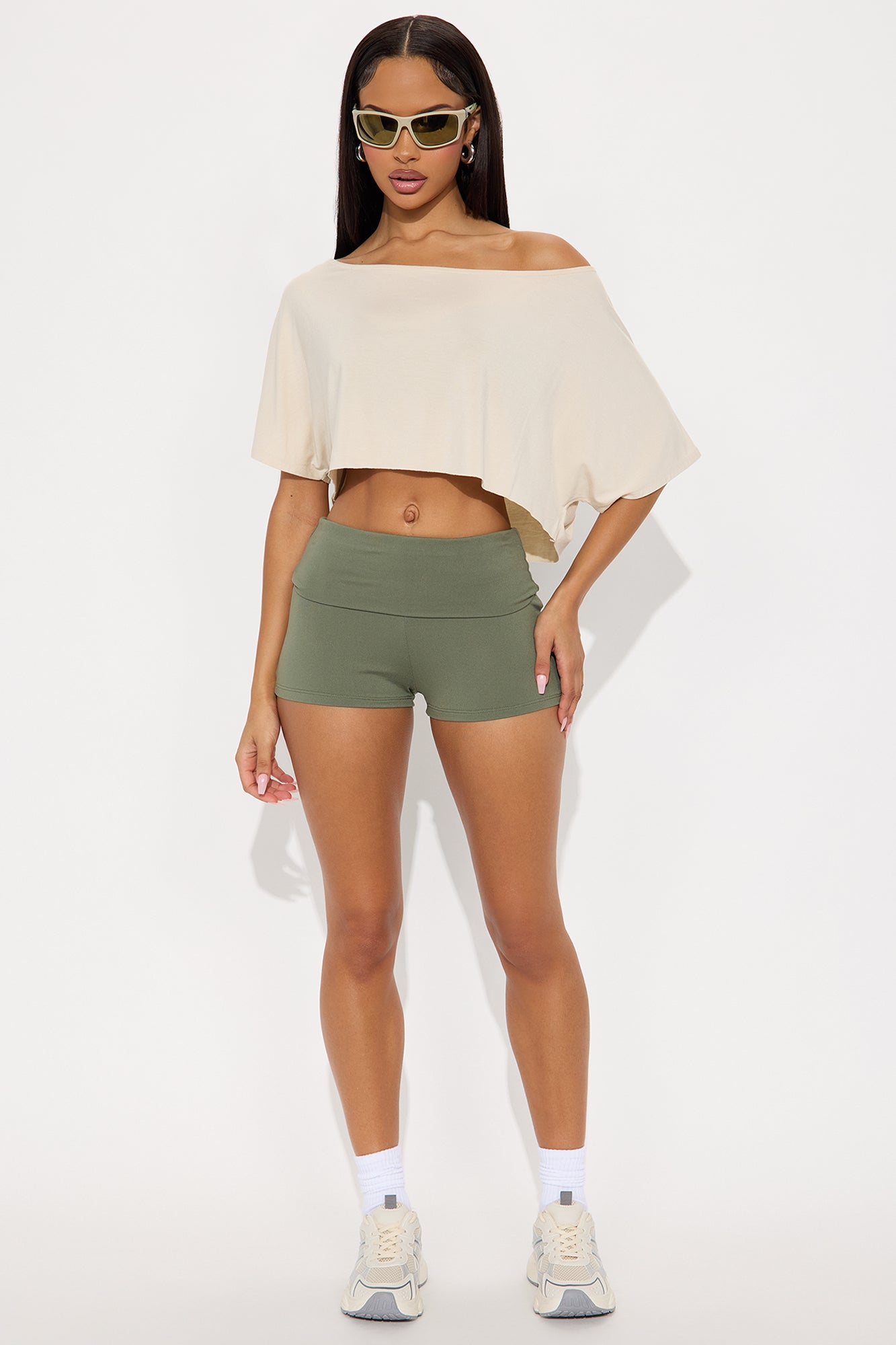Staying In Mid Rise Fold Over Biker Shorts - Olive