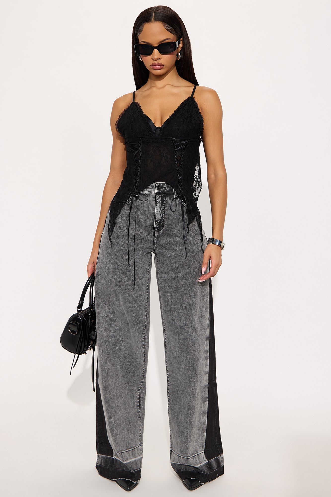 Think Twice Stretch Wide Leg Jeans - Black Wash