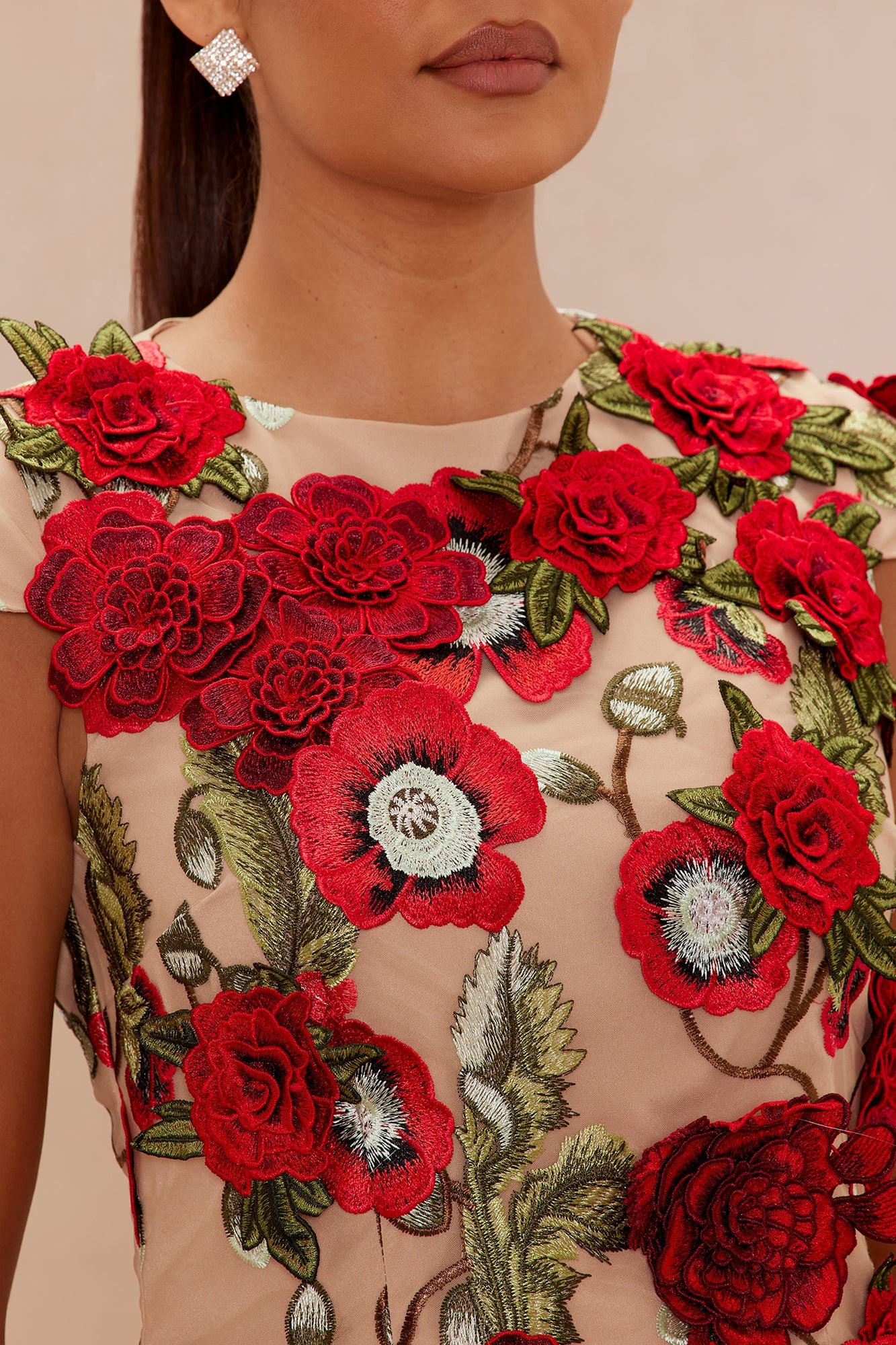 Maeve Floral Applique Mini Dress - Red/combo