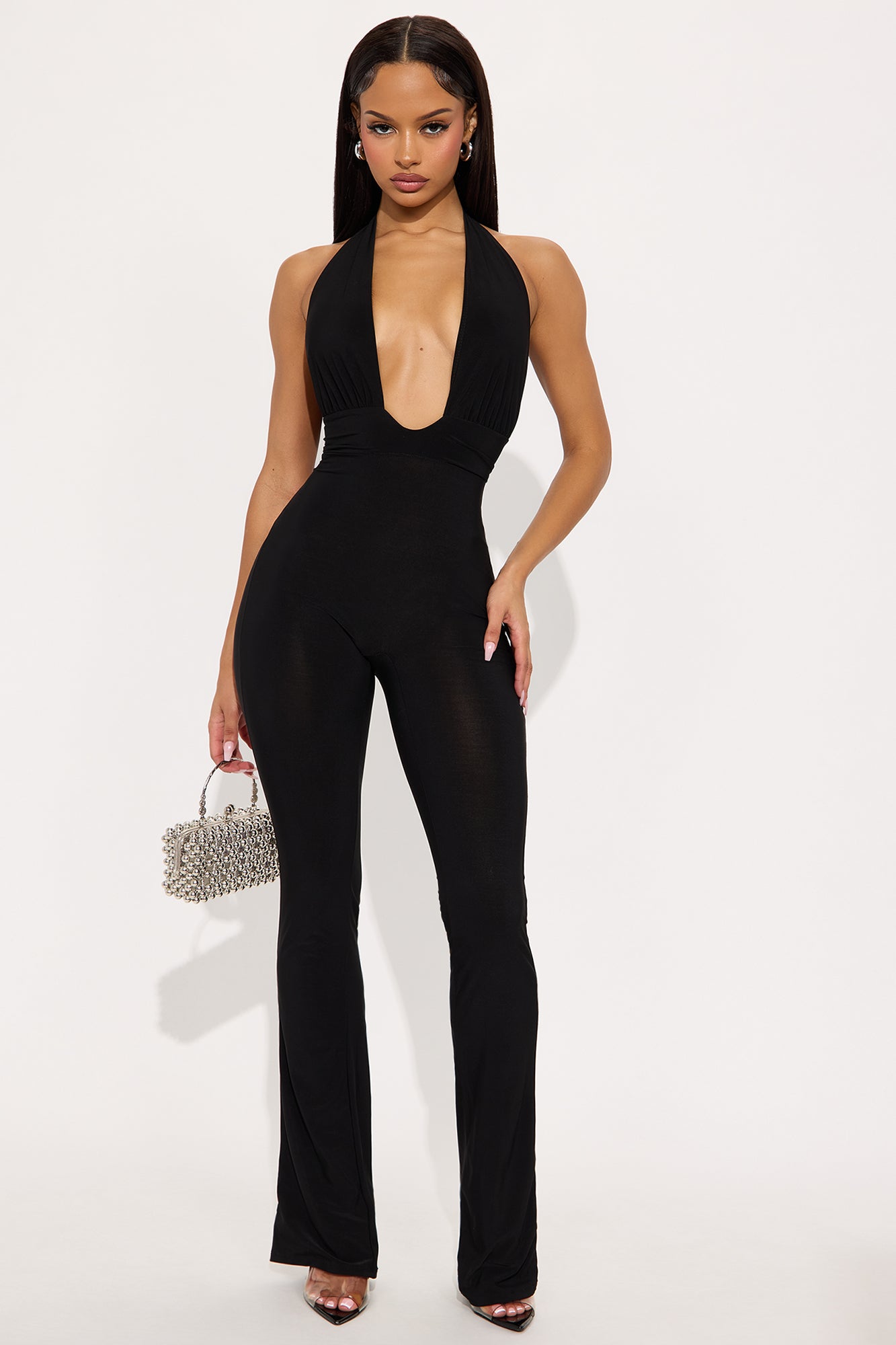 Siren Plunge Neck Halter Jumpsuit - Black