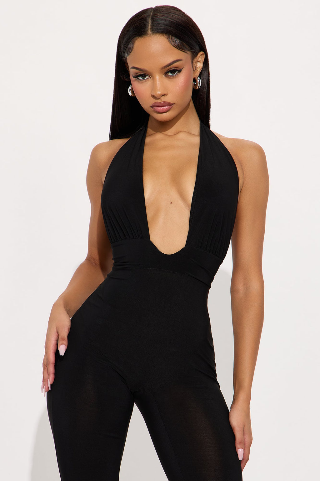 Siren Plunge Neck Halter Jumpsuit - Black