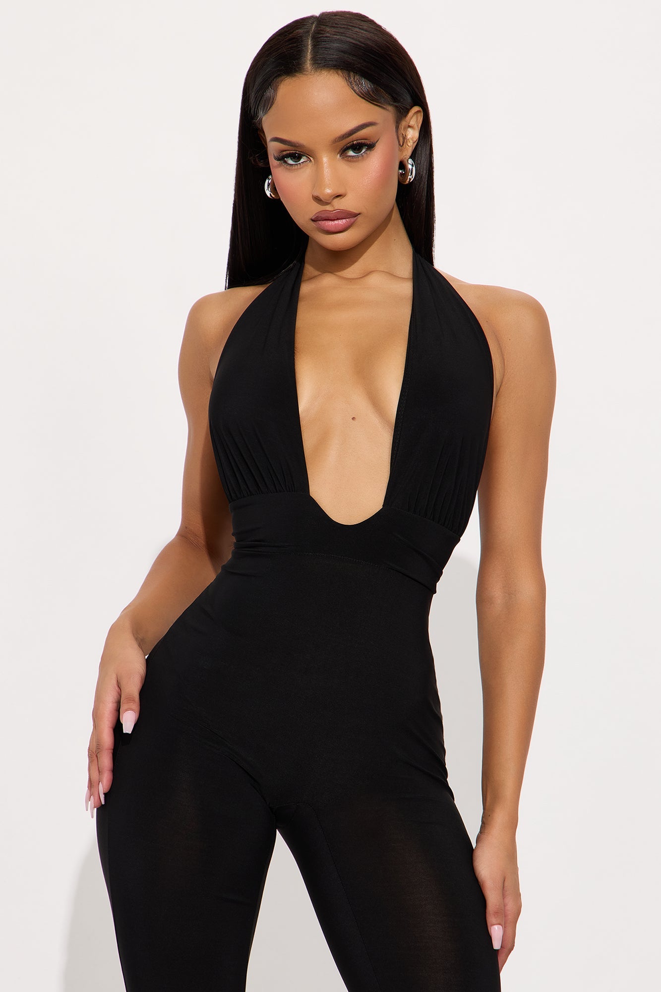 Siren Plunge Neck Halter Jumpsuit - Black