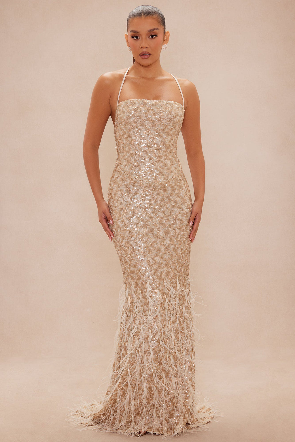 Davina Feathered Sequin Maxi Dress - Nude