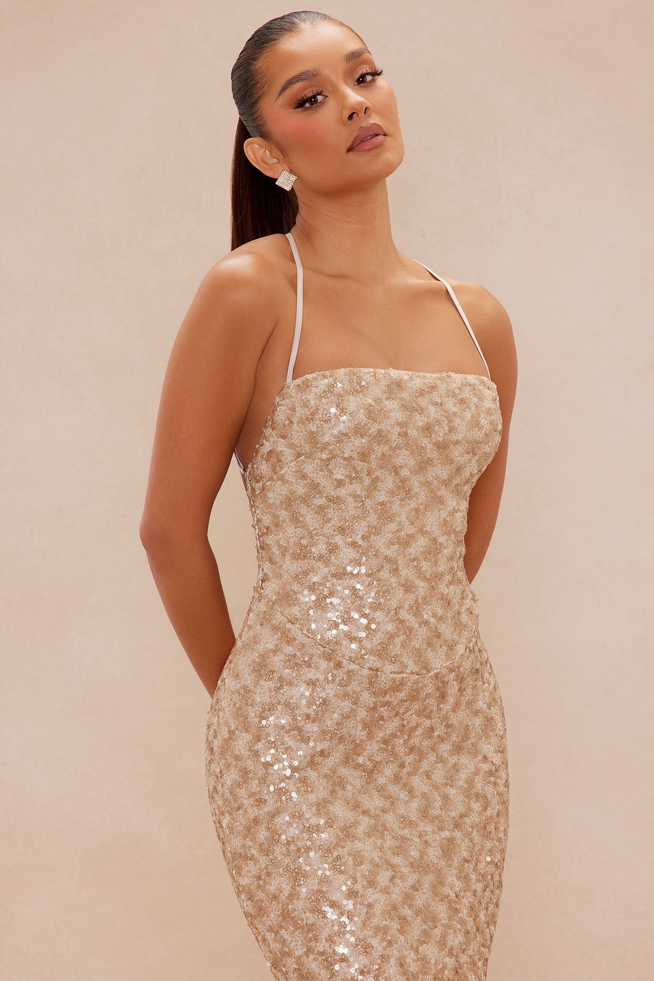 Davina Feathered Sequin Maxi Dress - Nude