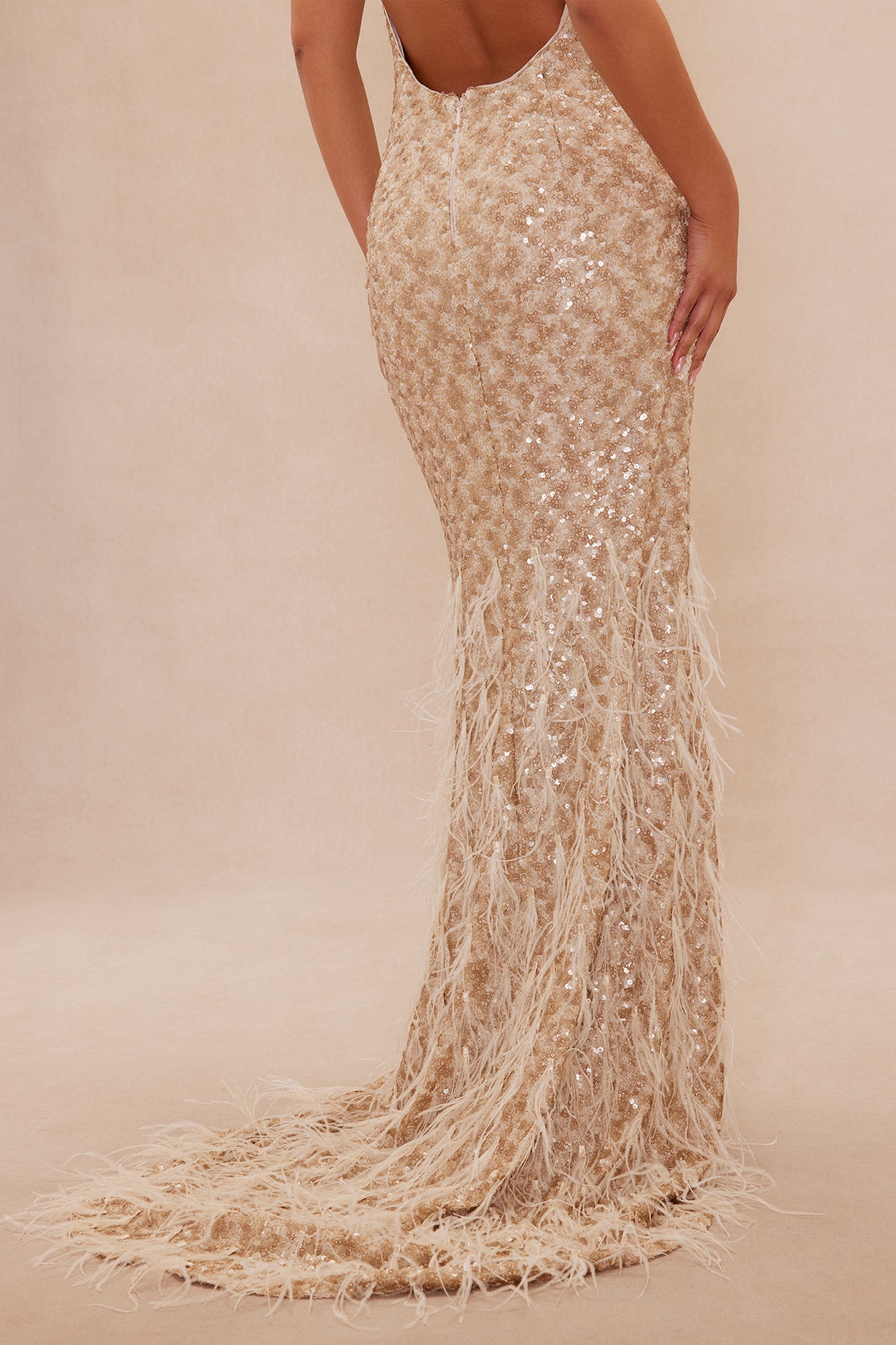 Davina Feathered Sequin Maxi Dress - Nude