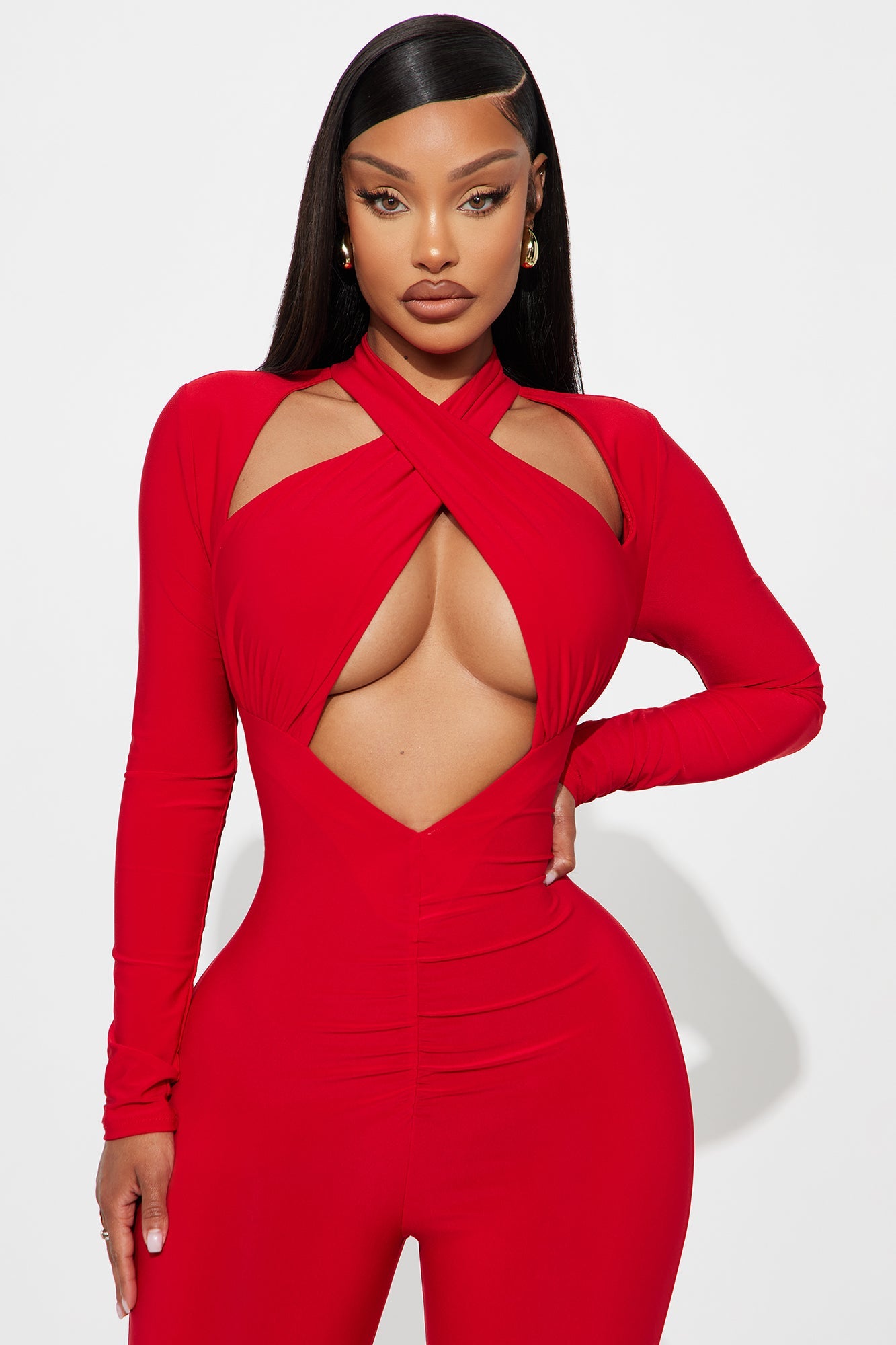 Stacey Long Sleeve Flare Leg Jumpsuit - Red