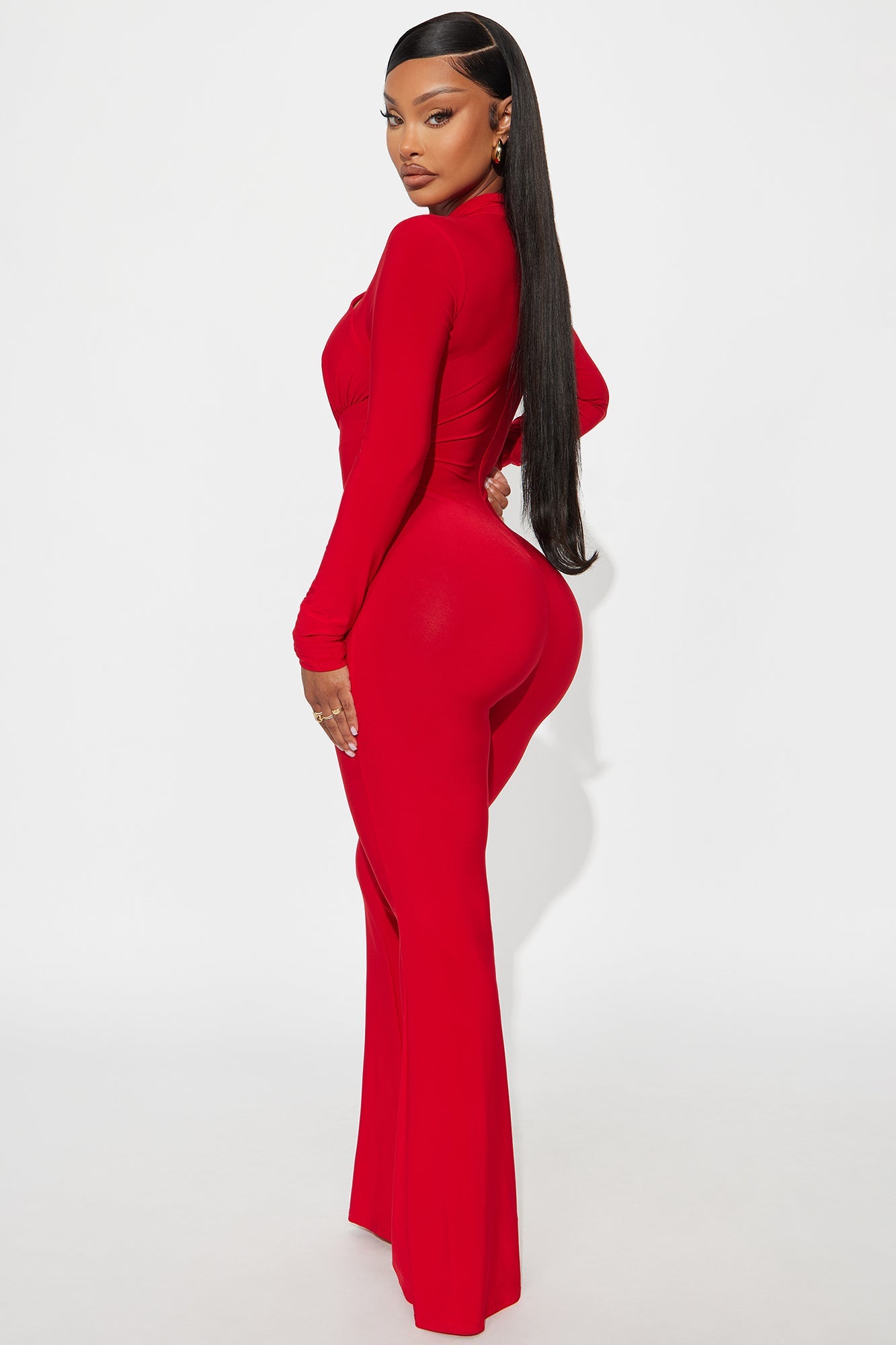 Stacey Long Sleeve Flare Leg Jumpsuit - Red