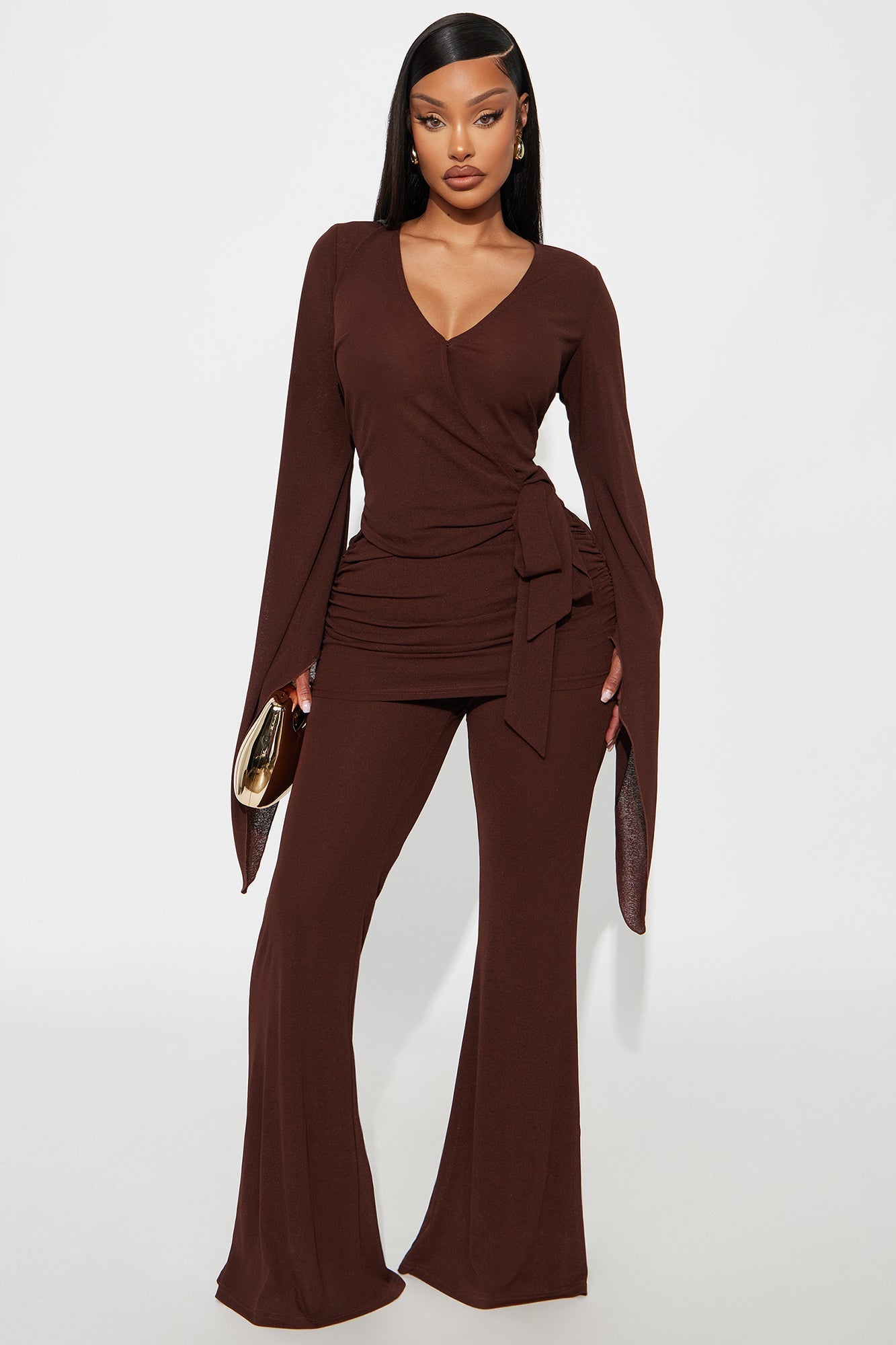 Ace Of Hearts Long Sleeve Flare Leg Jumpsuit - Brown