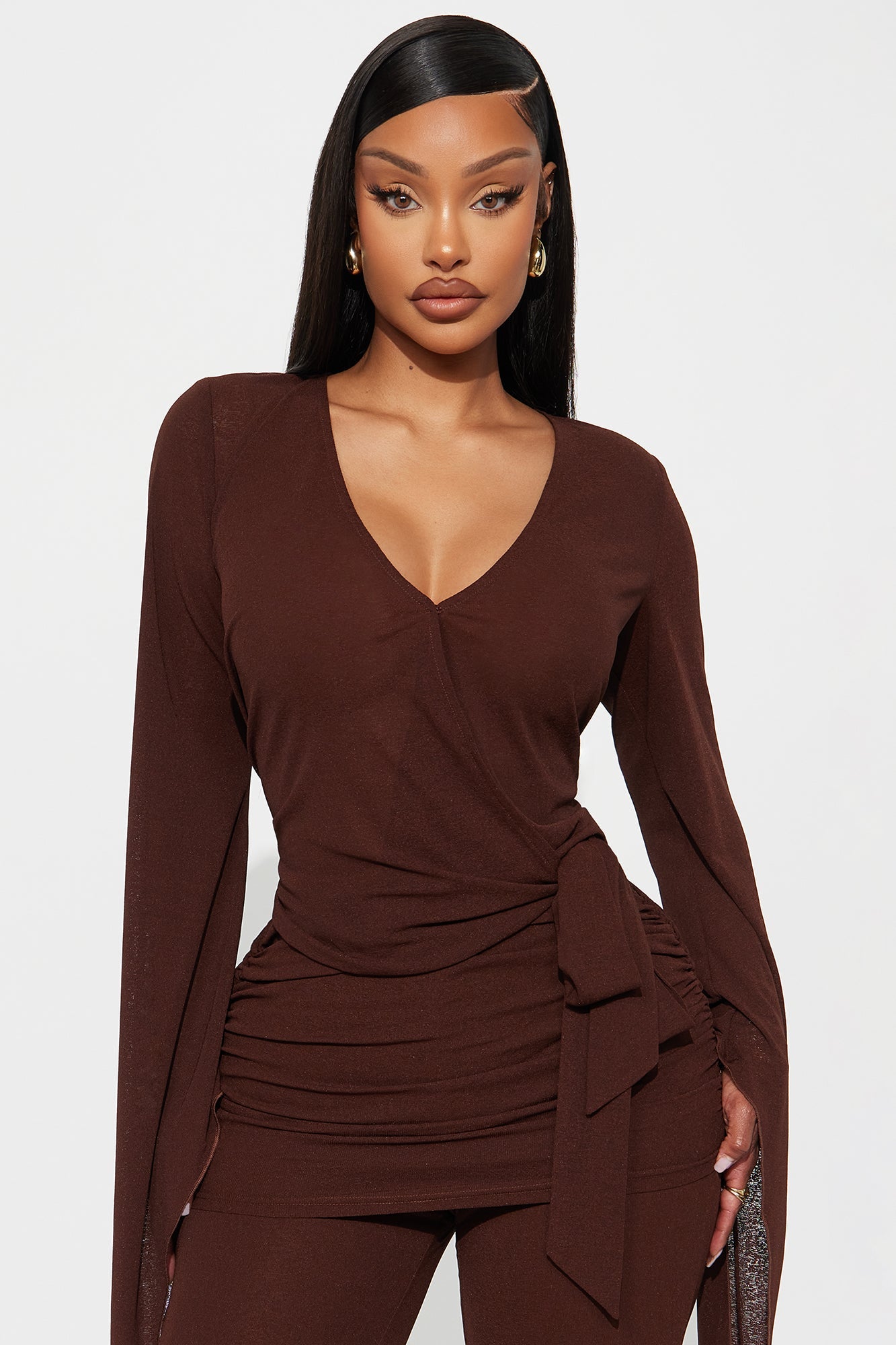 Ace Of Hearts Long Sleeve Flare Leg Jumpsuit - Brown
