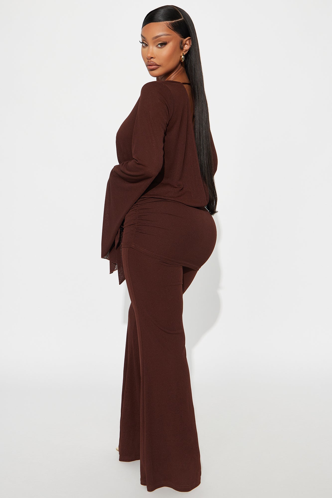 Ace Of Hearts Long Sleeve Flare Leg Jumpsuit - Brown
