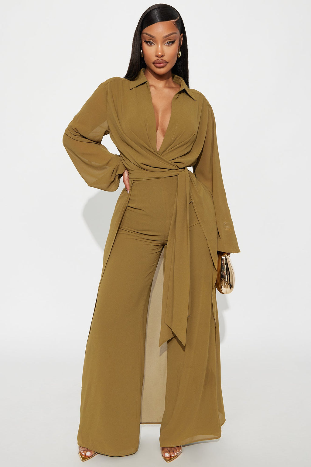 Alondra Chiffon Long Sleeve Jumpsuit - Olive