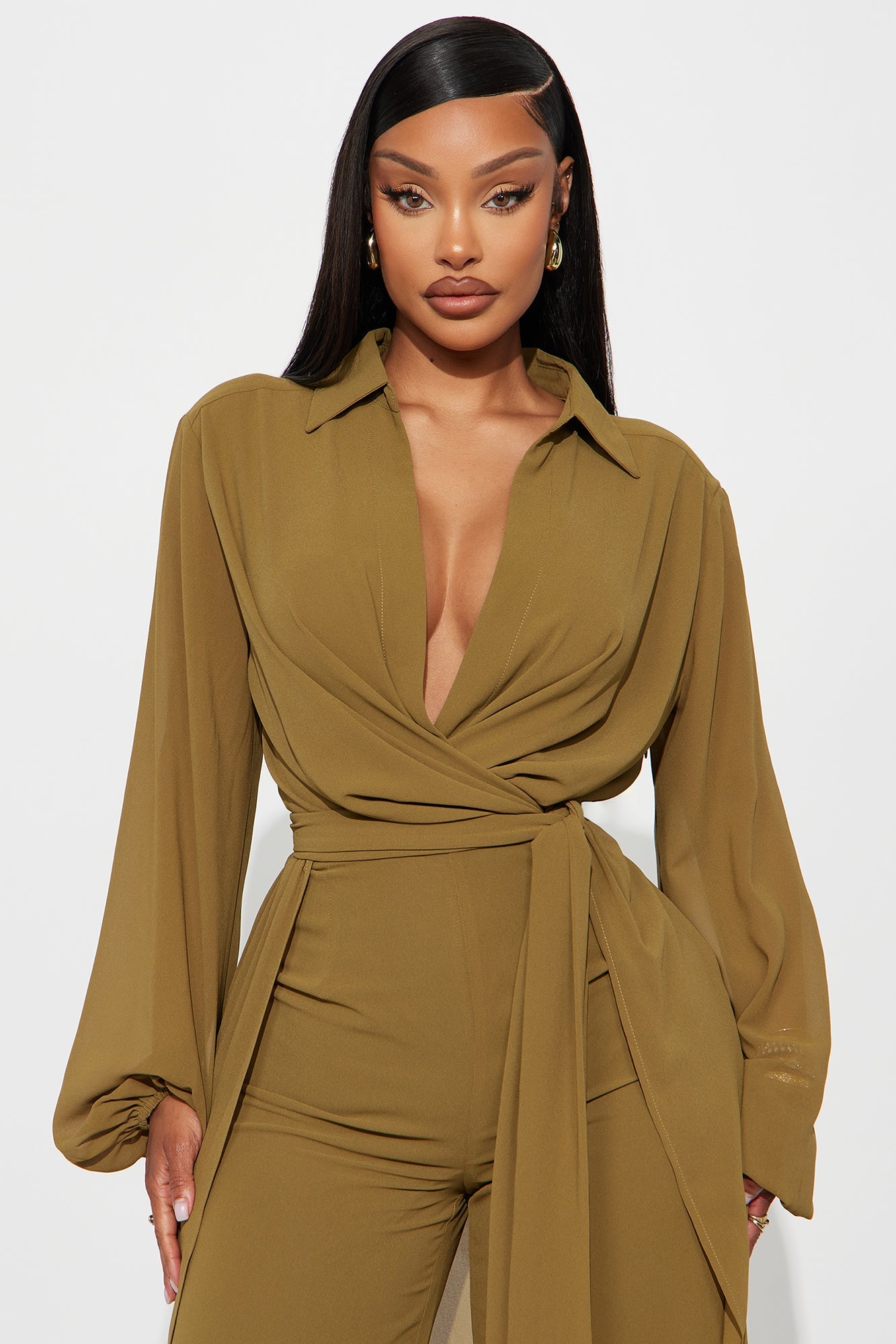 Alondra Chiffon Long Sleeve Jumpsuit - Olive