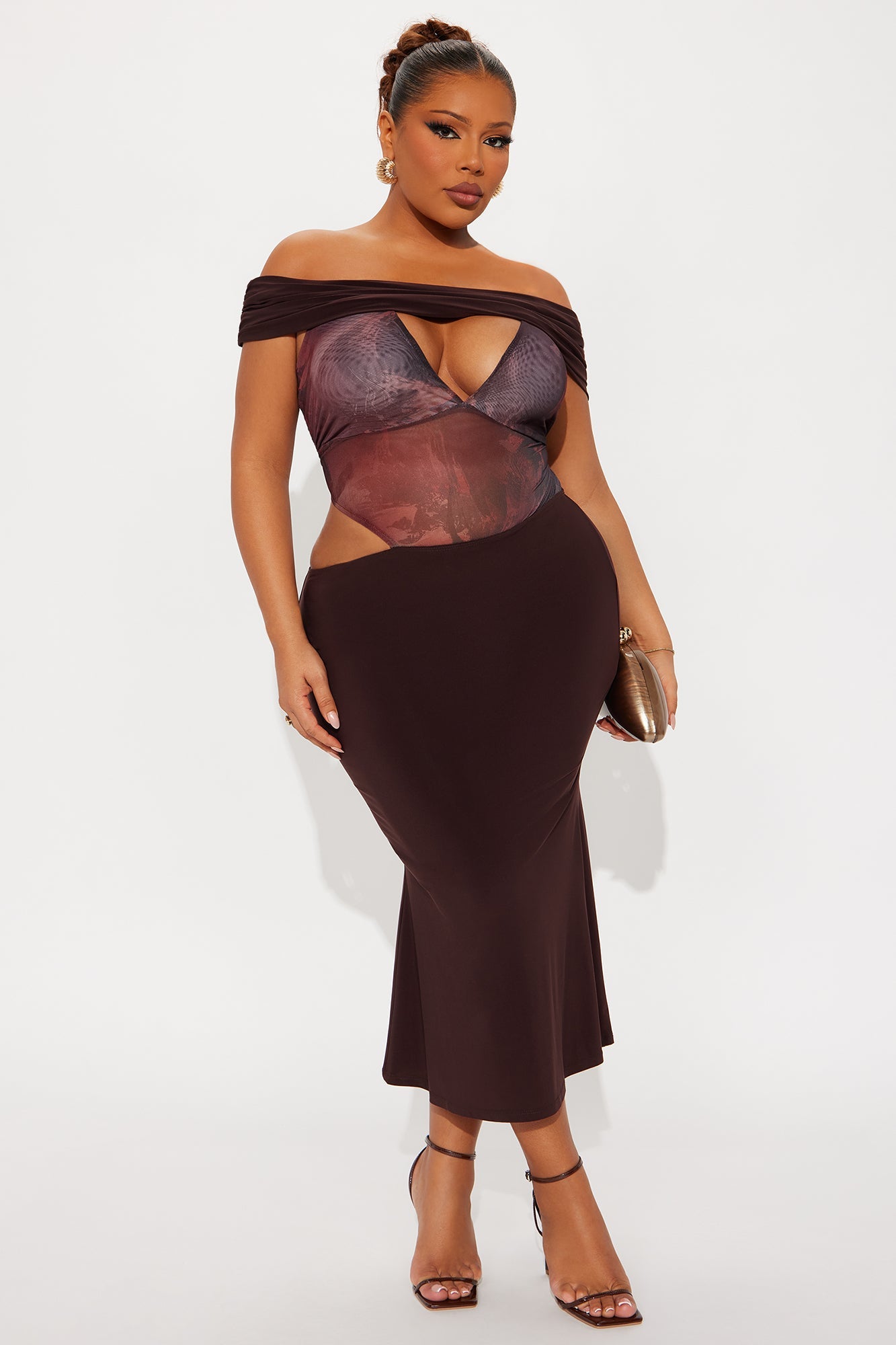 Kiara Off Shoulder Midi Dress - Brown/combo