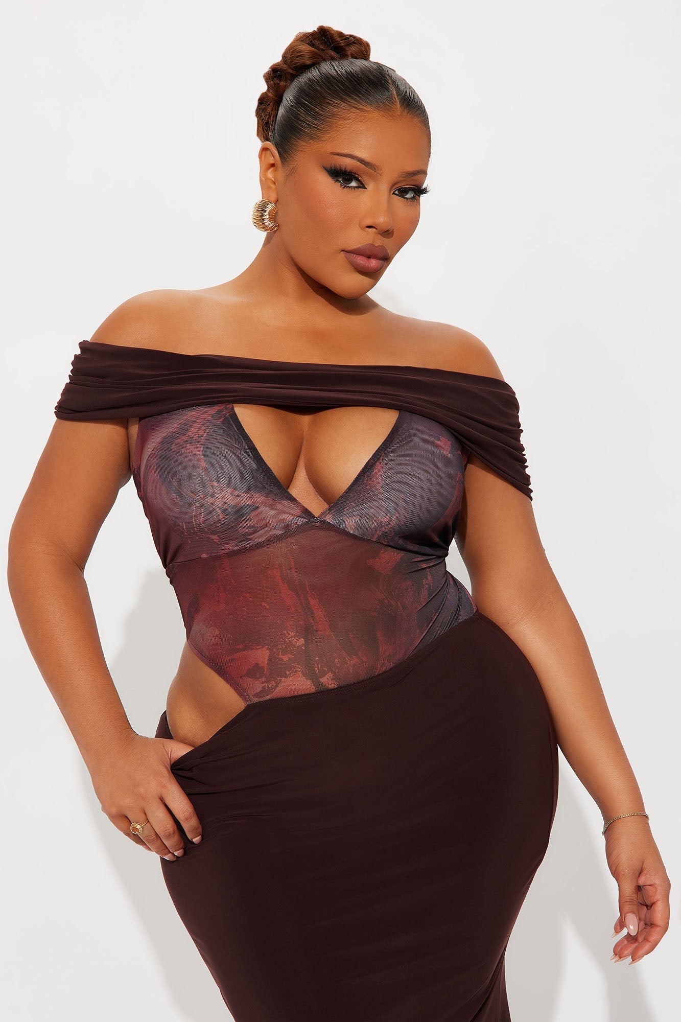 Kiara Off Shoulder Midi Dress - Brown/combo