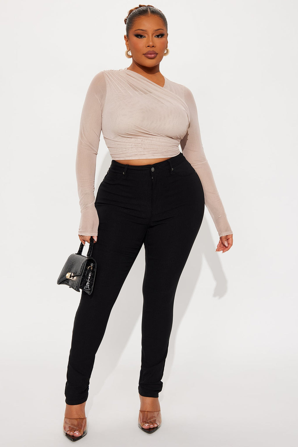 Julane Ruched Long Sleeve Mesh Top - Stone