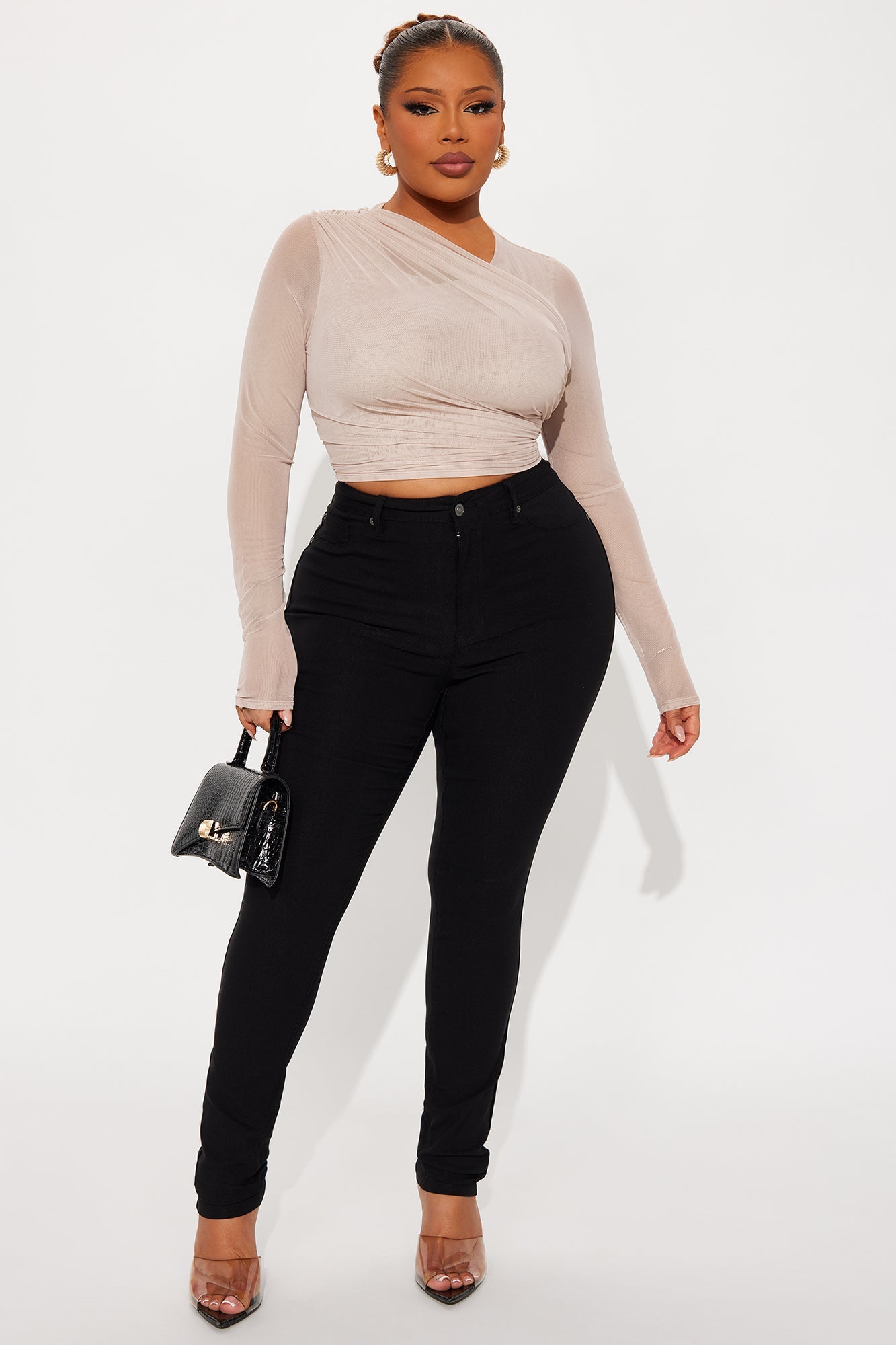 Julane Ruched Long Sleeve Mesh Top - Stone