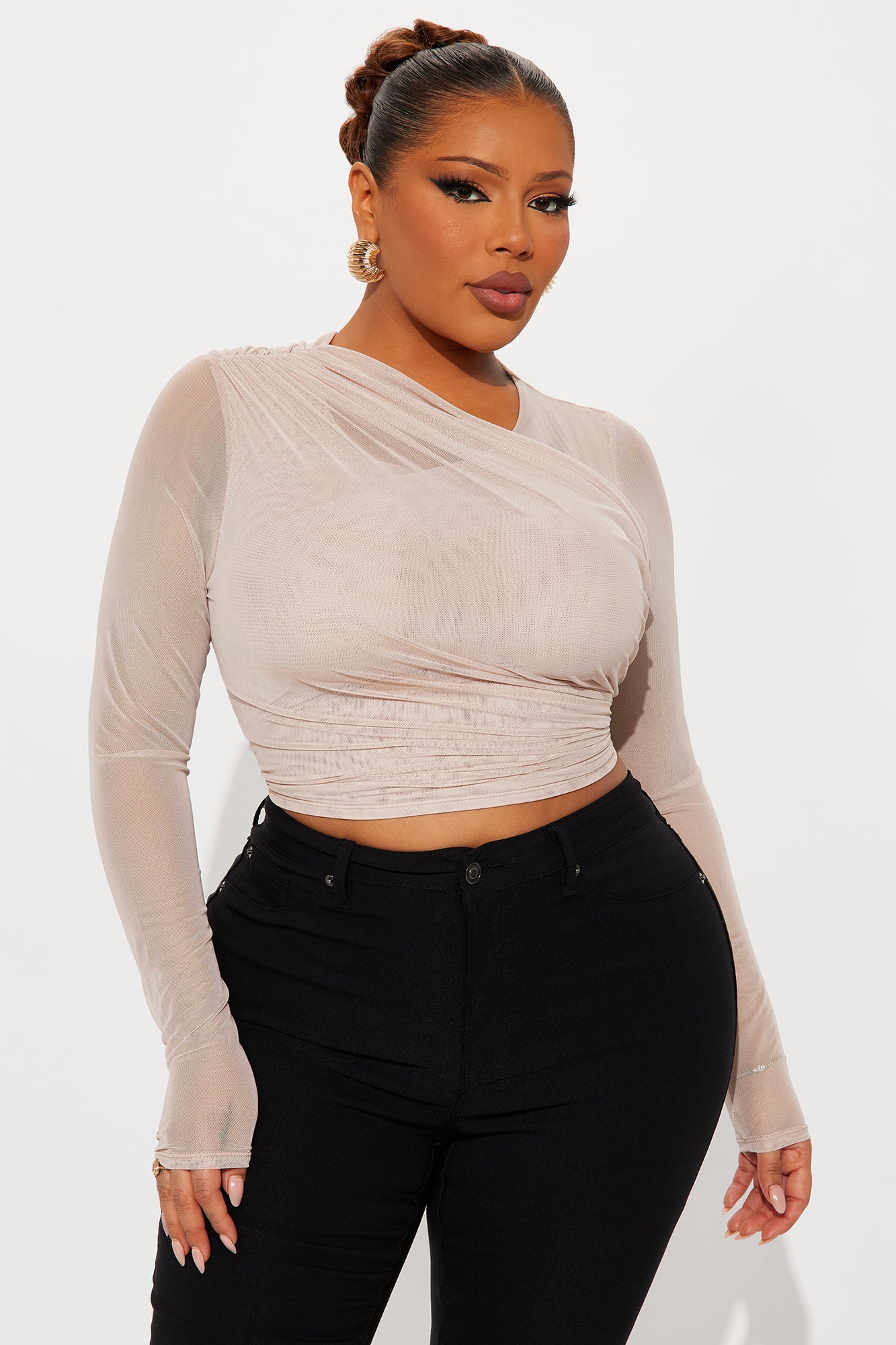 Julane Ruched Long Sleeve Mesh Top - Stone