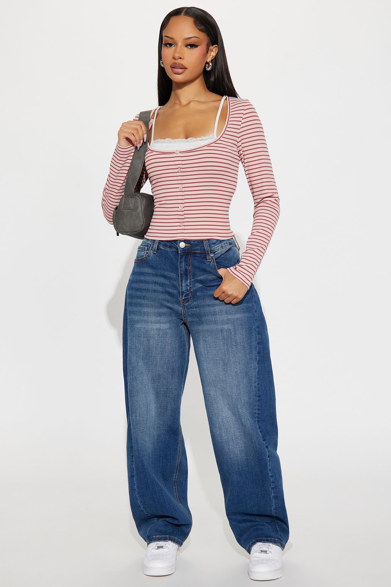 Channa Striped Ribbed Long Sleeve Top - Mauve/combo