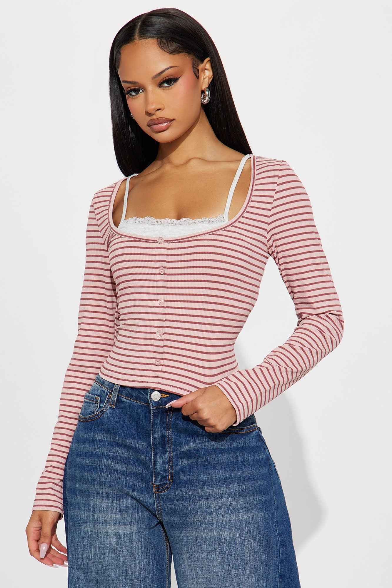 Channa Striped Ribbed Long Sleeve Top - Mauve/combo