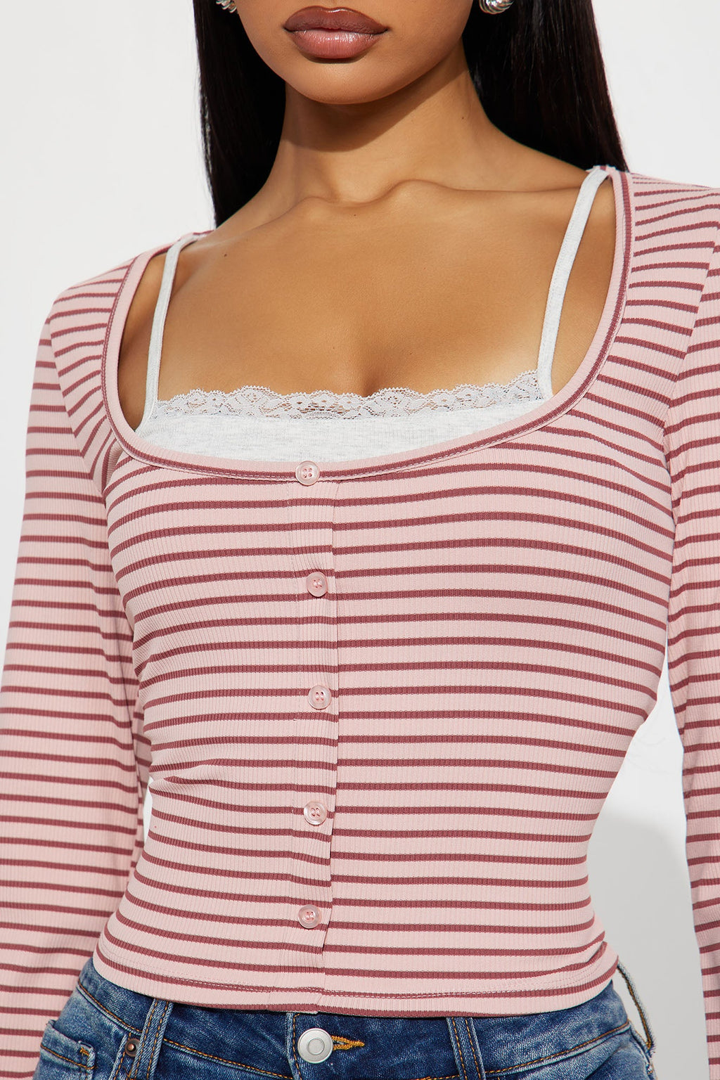 Channa Striped Ribbed Long Sleeve Top - Mauve/combo