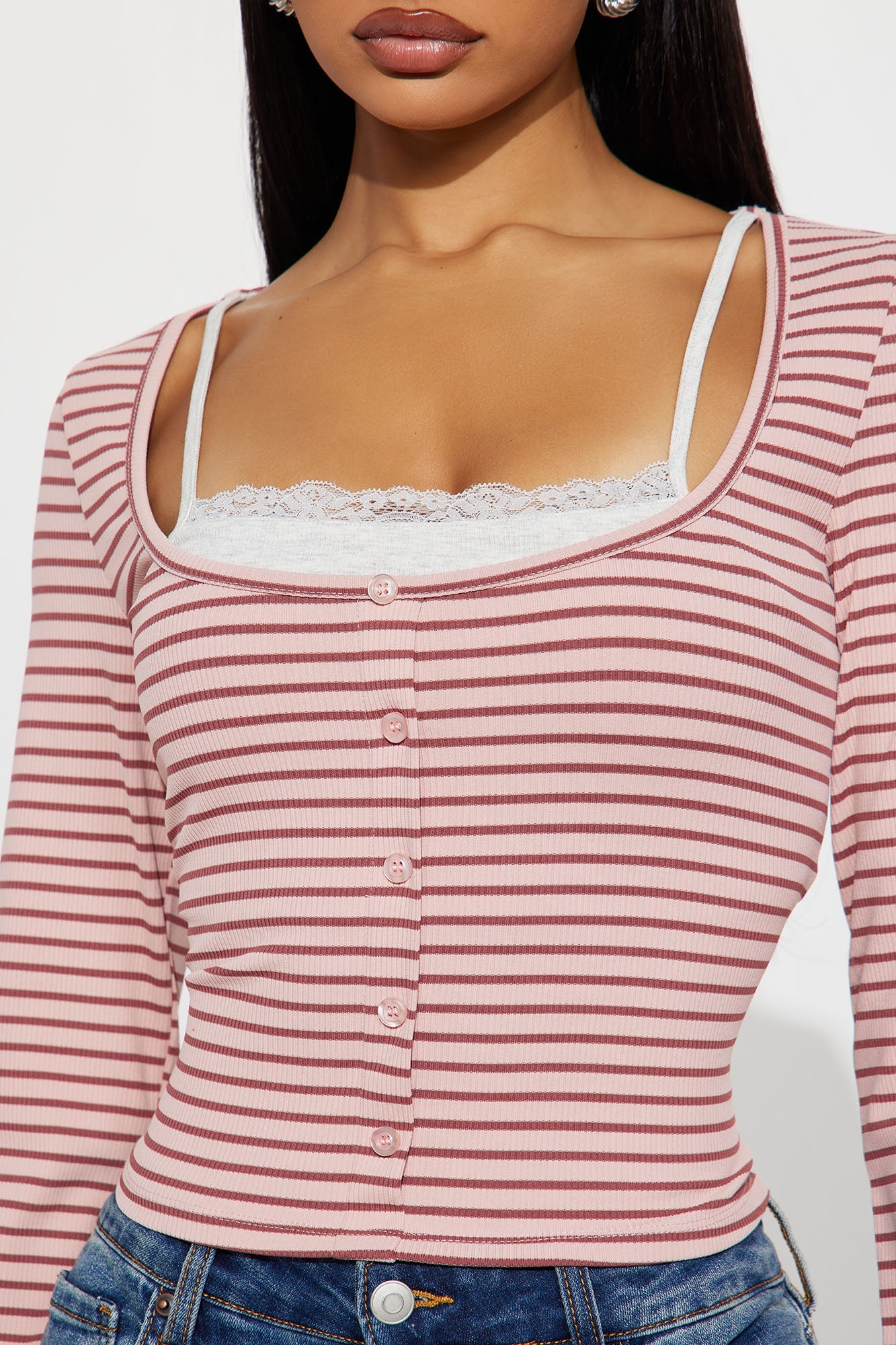 Channa Striped Ribbed Long Sleeve Top - Mauve/combo