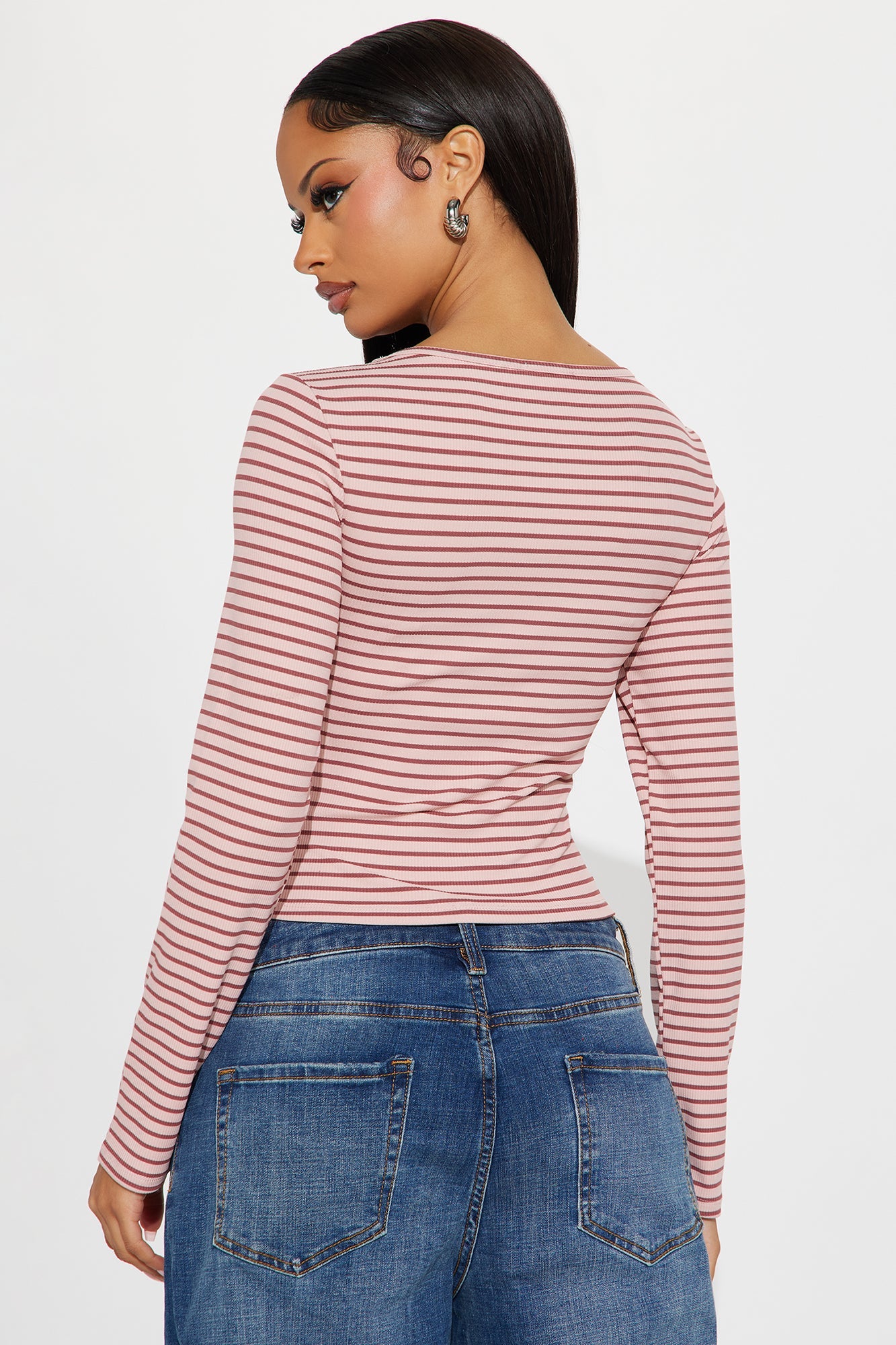 Channa Striped Ribbed Long Sleeve Top - Mauve/combo