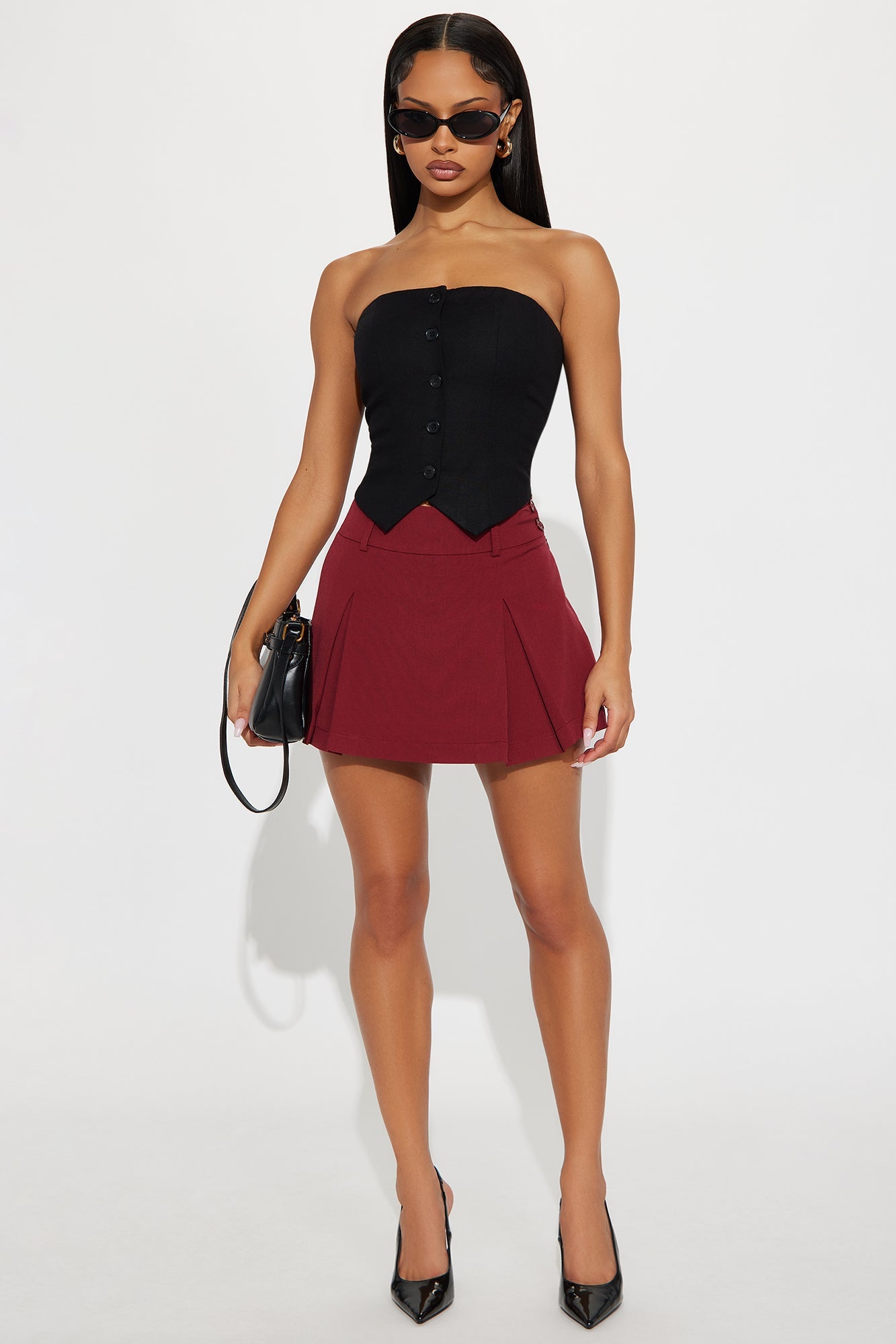 Alicia Double Waistband Pleated Skort - Wine