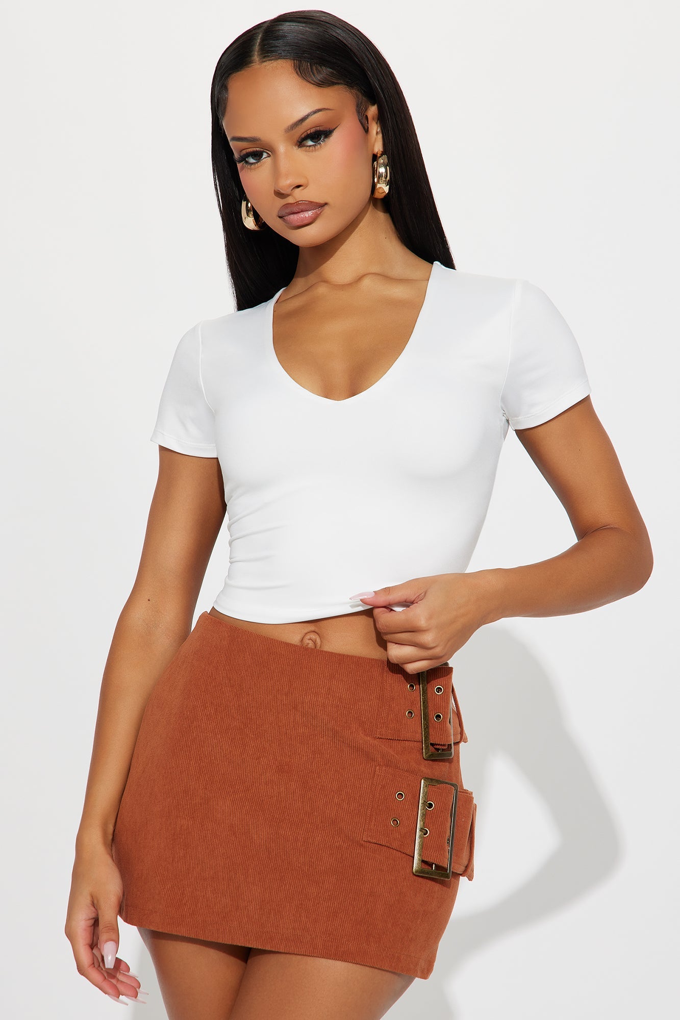 Smooth Double Lined Short Sleeve V Neck Baby Tee - White