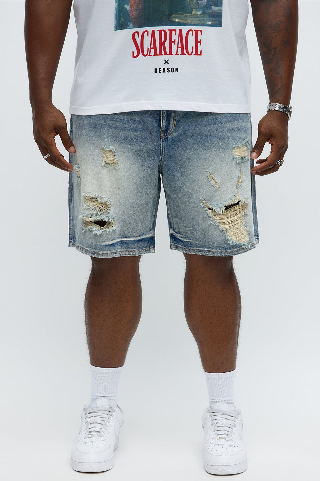 Relaxed Wish You Could Distressed Denim Shorts - Medium Blue Wash