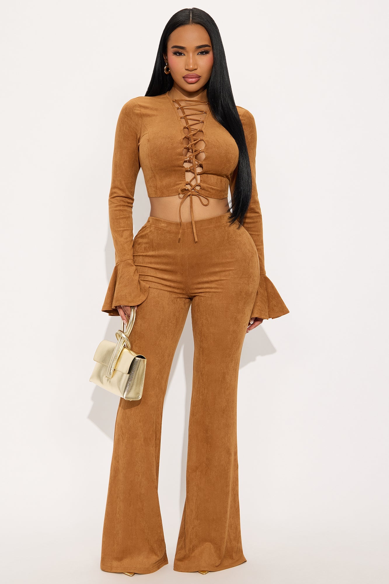 Taking It Back Faux Suede Pant Set - Camel