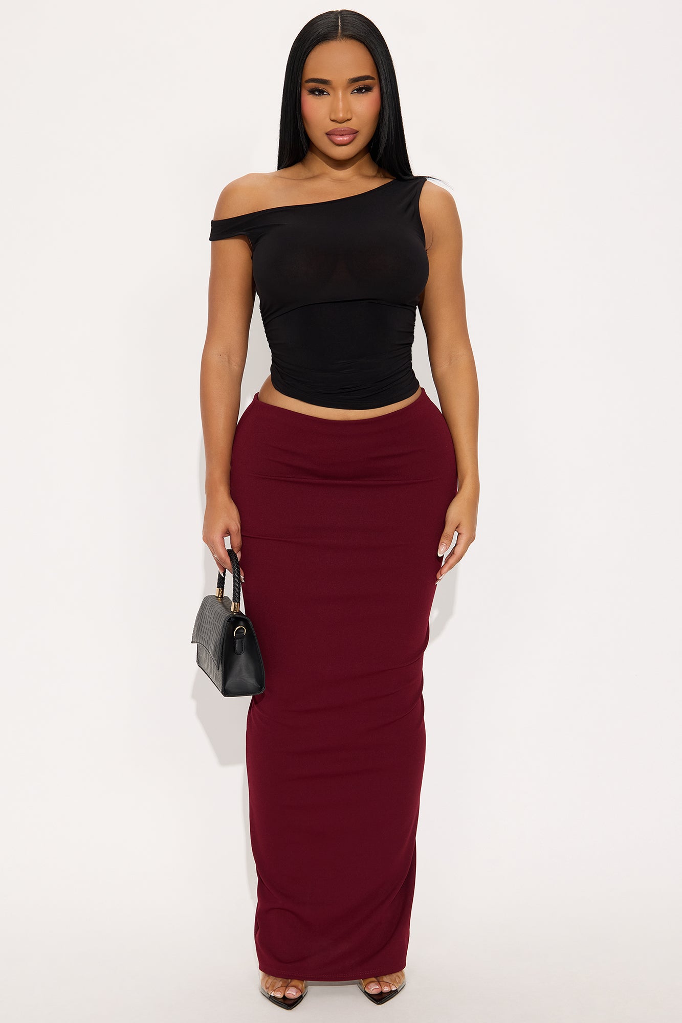 Camila Crepe Knit Back Slit Maxi Skirt - Burgundy