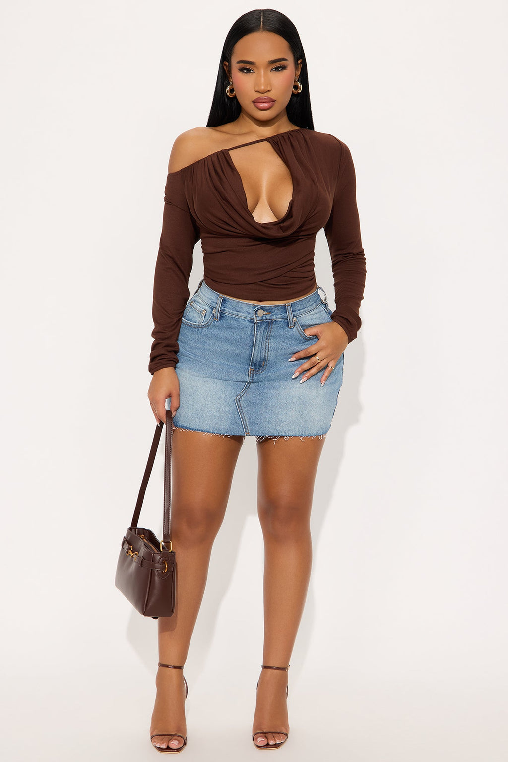 Chain Reaction Draped Off Shoulder Top - Brown