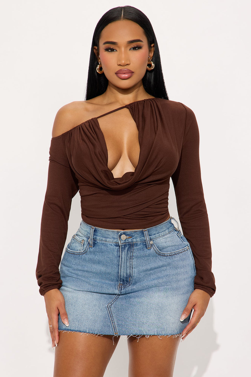 Chain Reaction Draped Off Shoulder Top - Brown