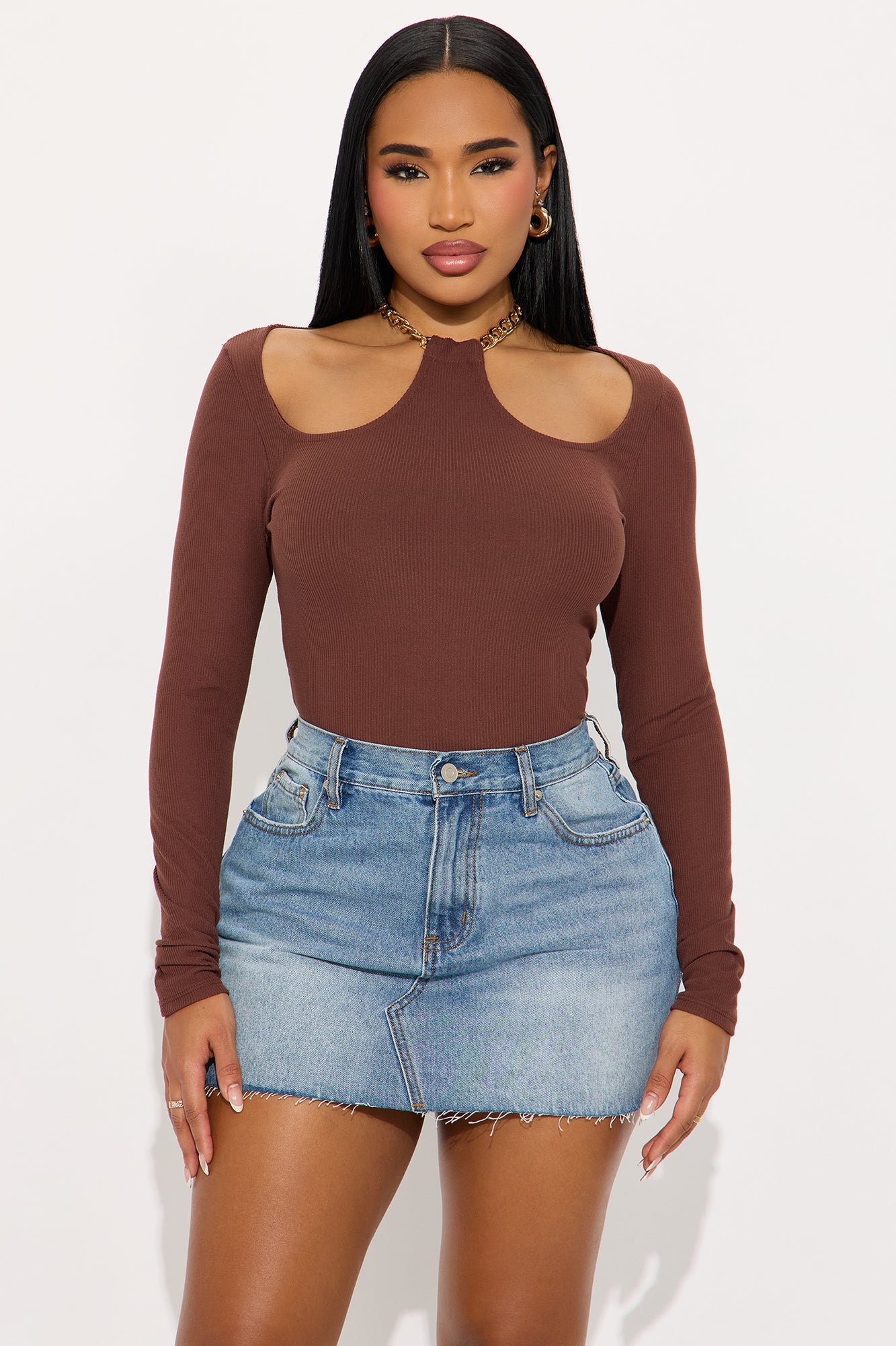 Omi Chain Strap Ribbed Top - Brown