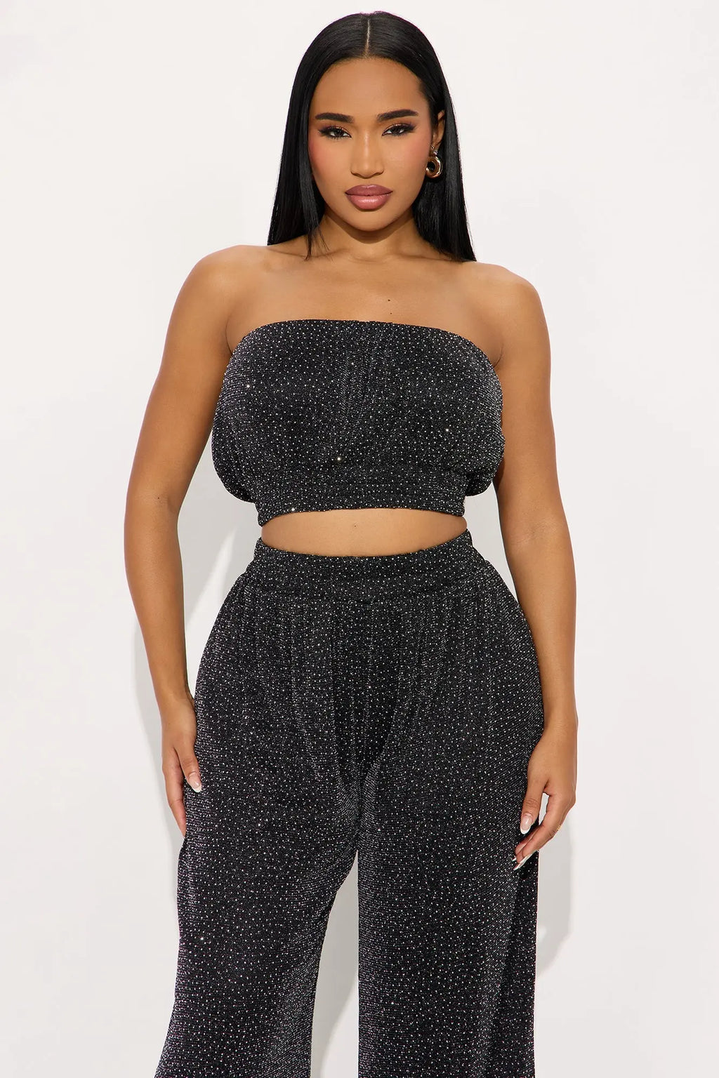 Sheena Rhinestone Mesh Pant Set - Black 