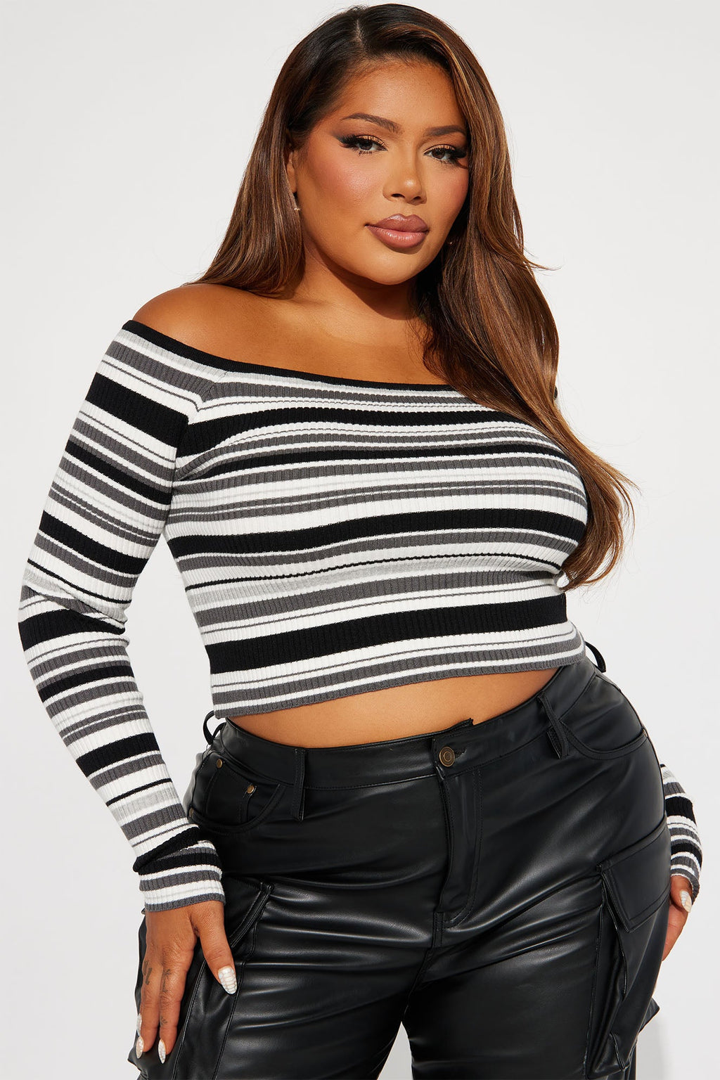 Madisyn Off Shoulder Striped Sweater - Black/combo