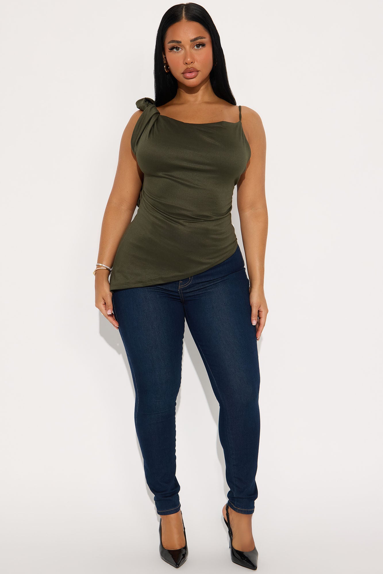 Dominica Asymmetrical Draped High Neck Top - Olive