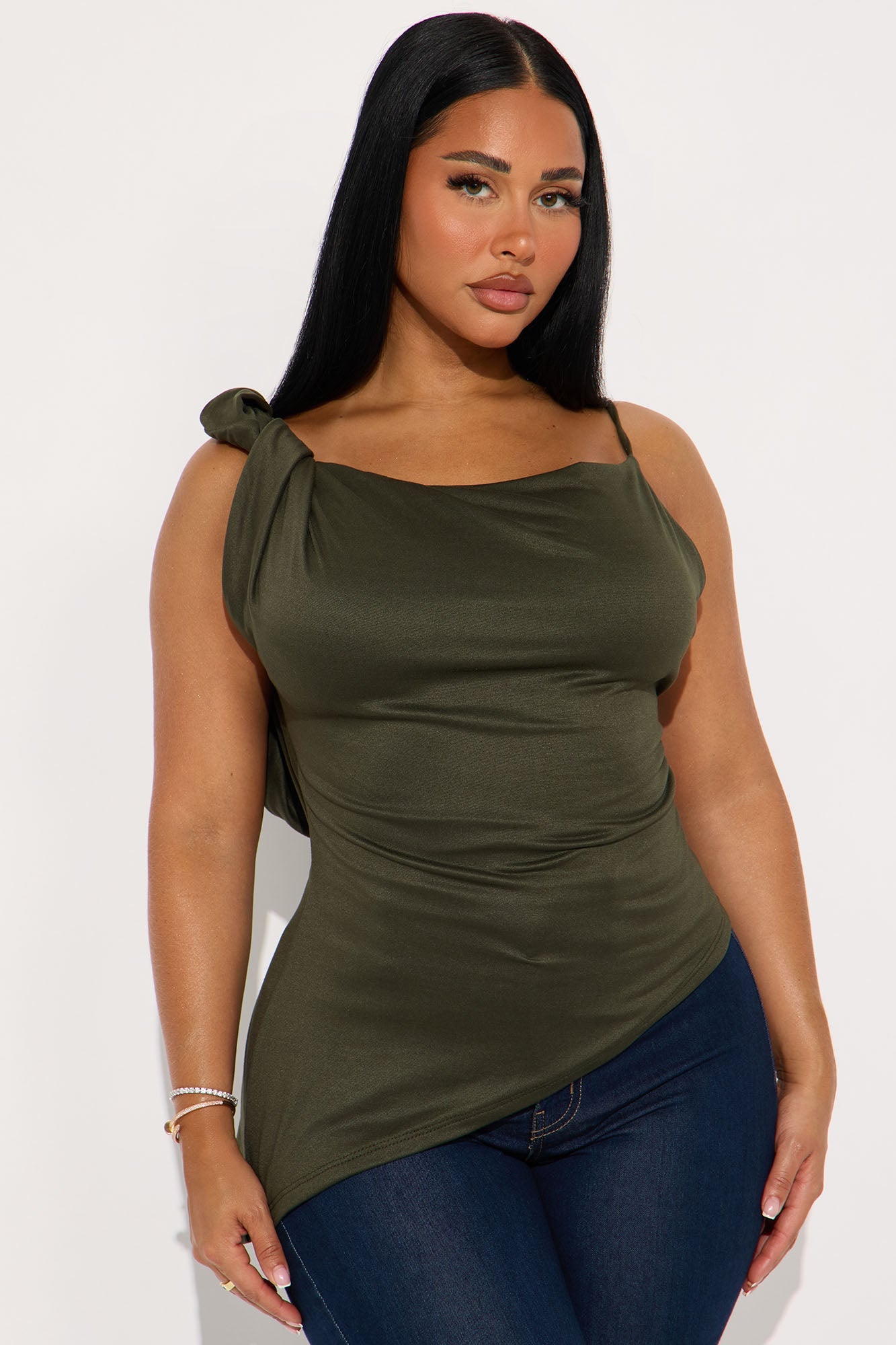 Dominica Asymmetrical Draped High Neck Top - Olive